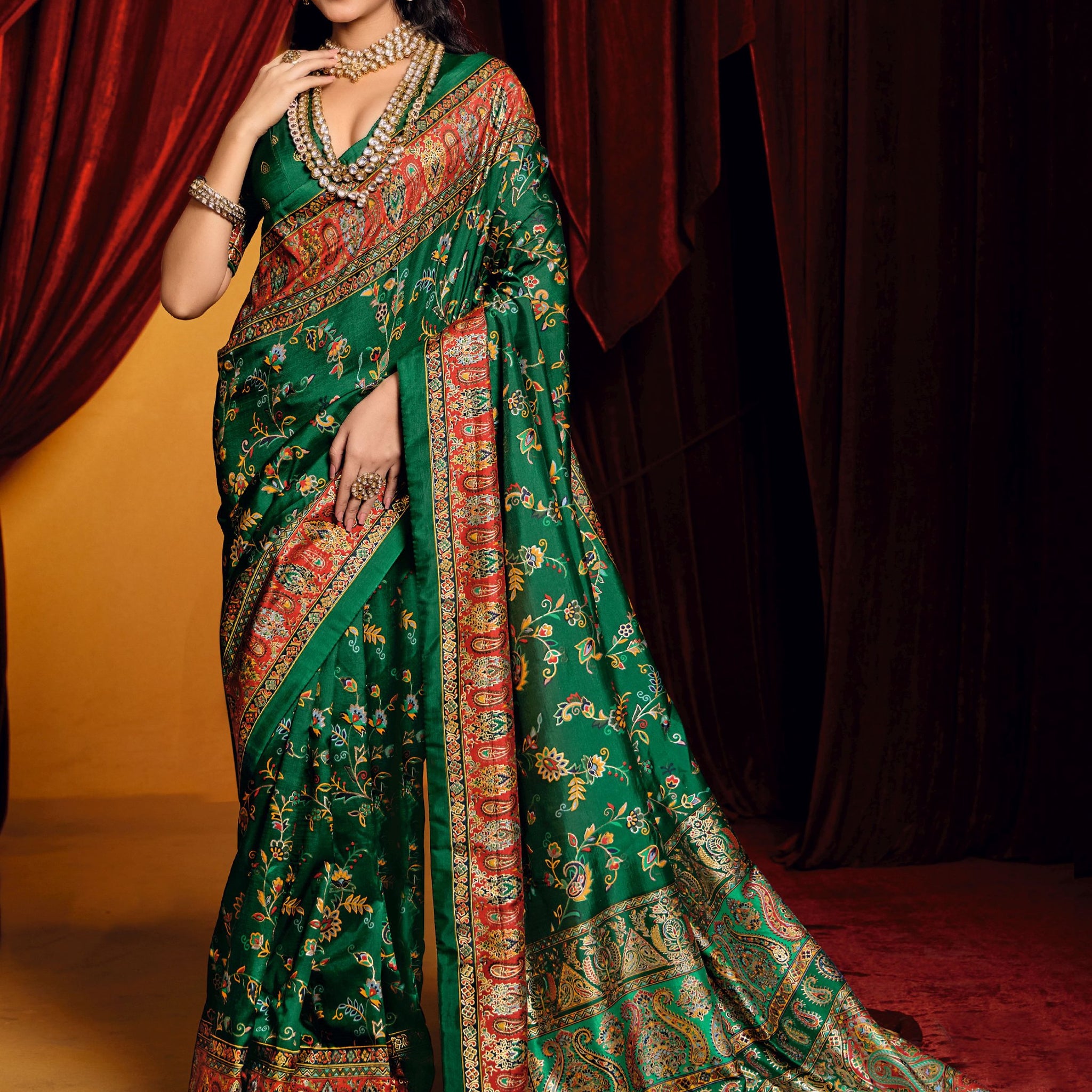Alluring Bottle Green Paisley Printed Tussar Silk Mehendi Wear Saree