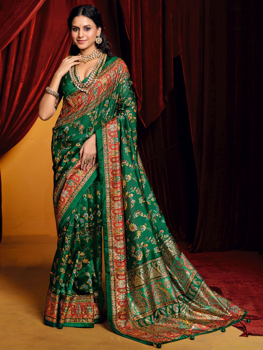 Alluring Bottle Green Paisley Printed Tussar Silk Mehendi Wear Saree