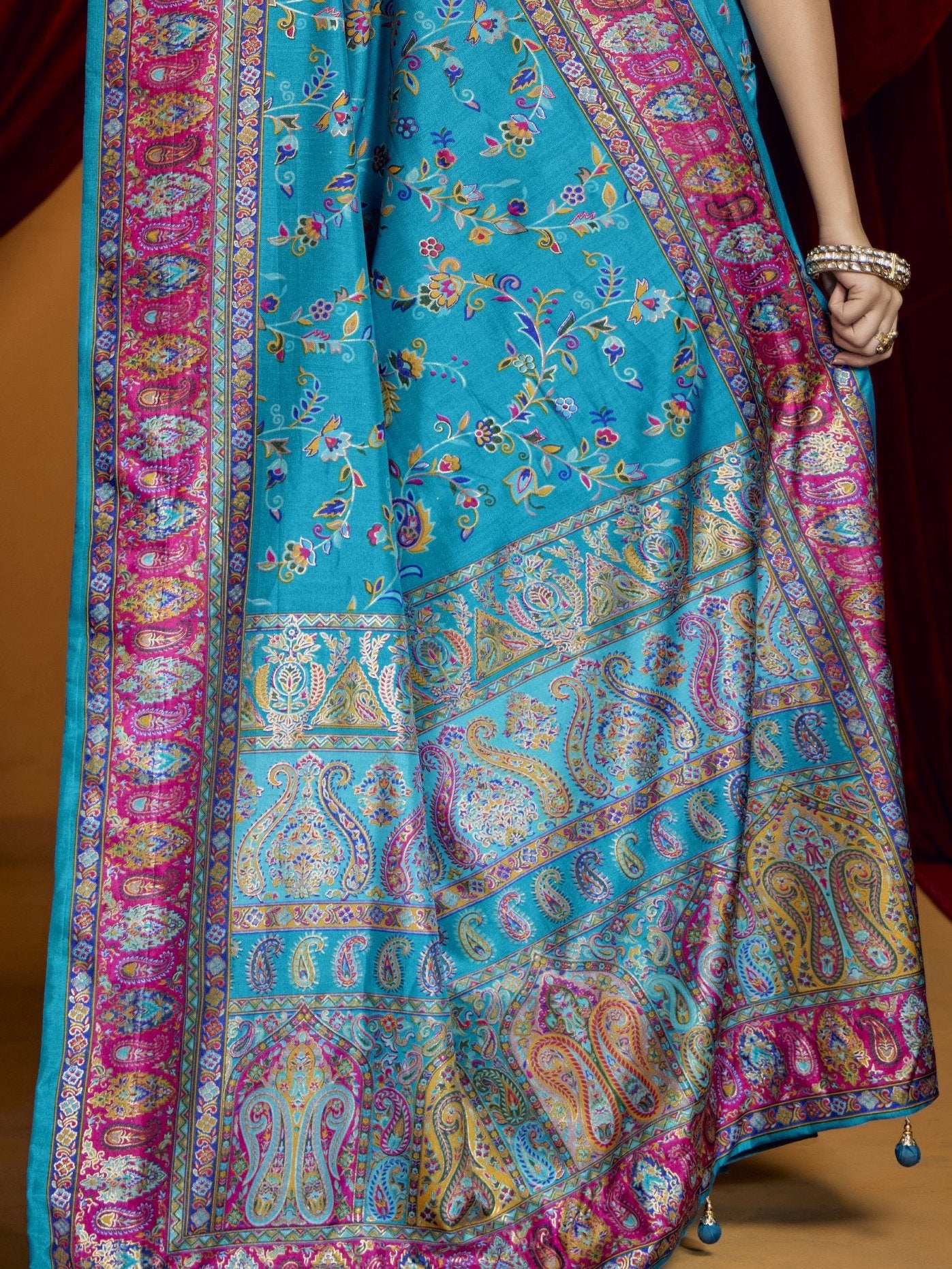 Wonderful Sky Blue Paisley Printed Tussar Silk Festive Wear Saree