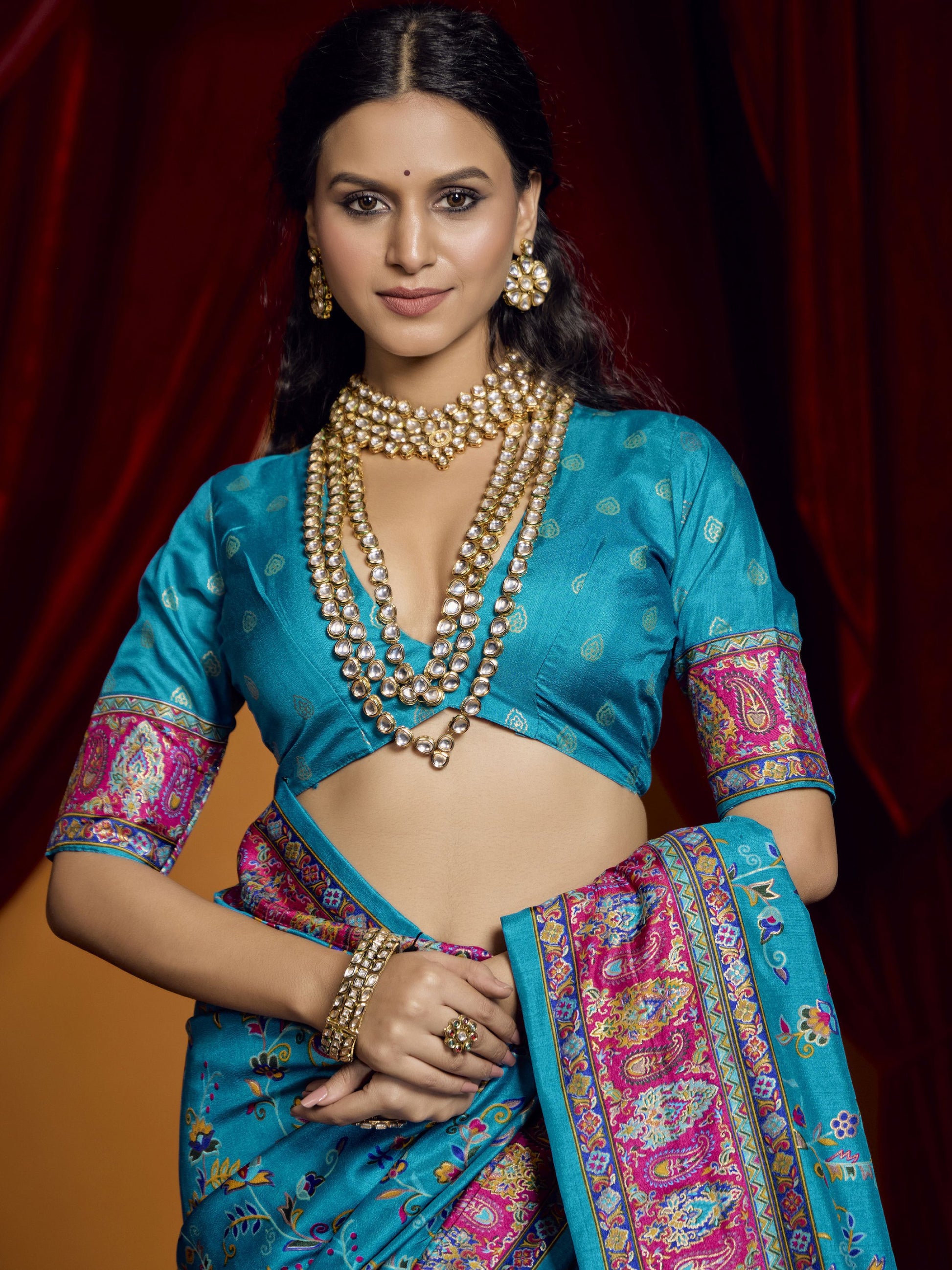 Wonderful Sky Blue Paisley Printed Tussar Silk Festive Wear Saree