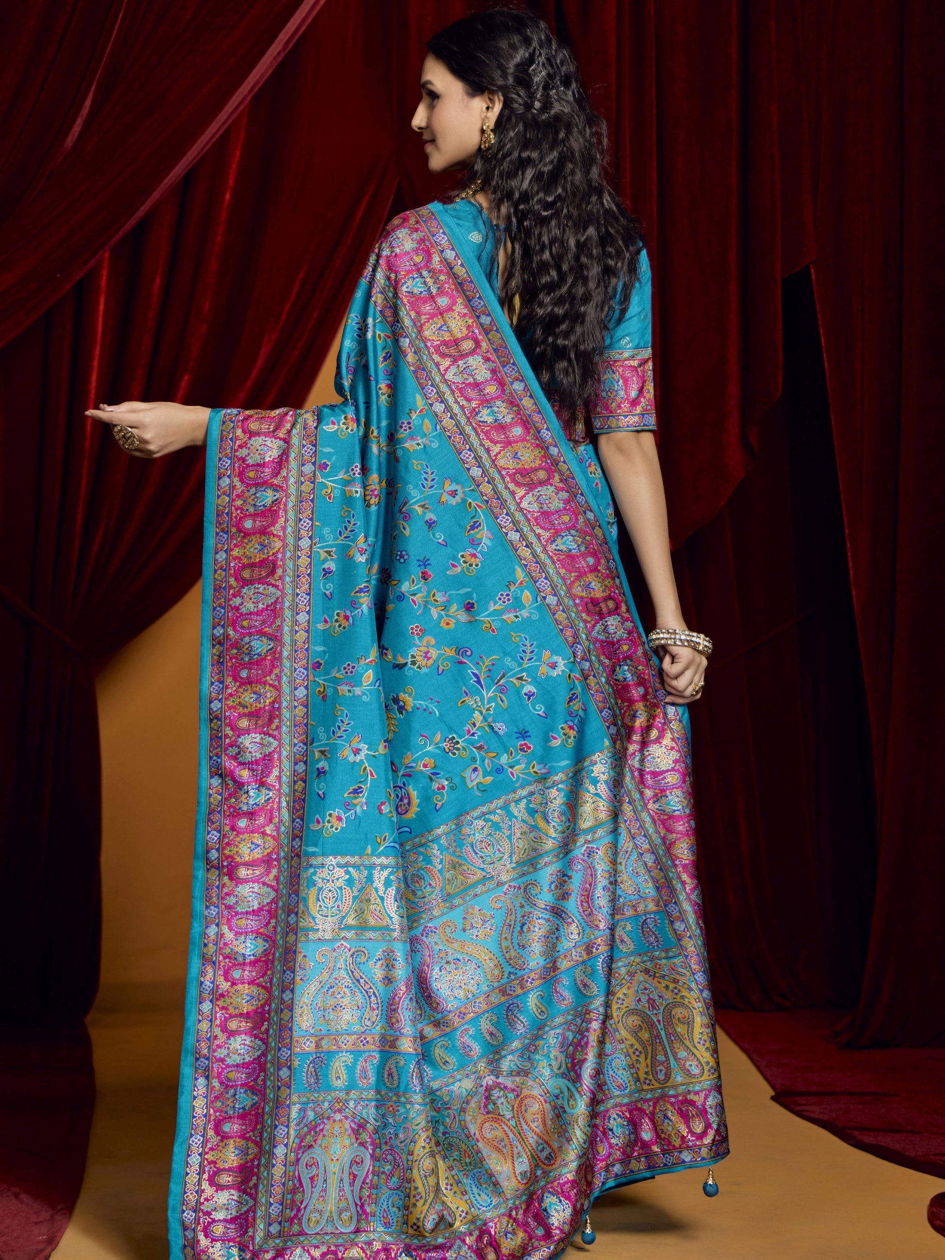 Wonderful Sky Blue Paisley Printed Tussar Silk Festive Wear Saree