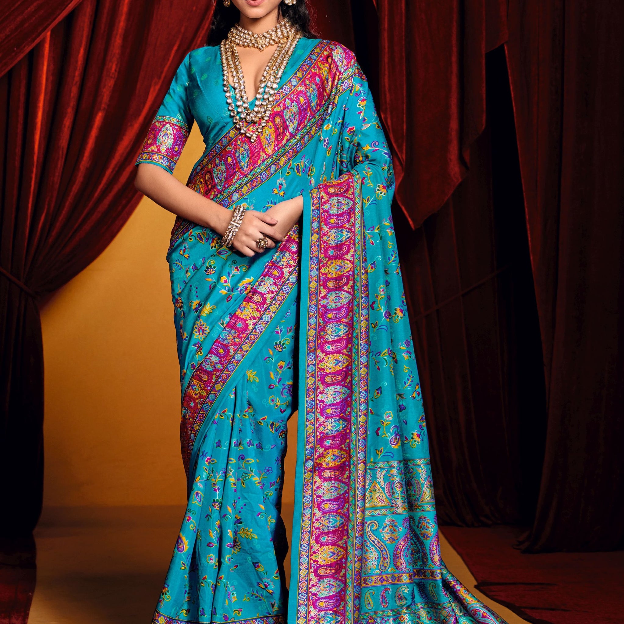 Wonderful Sky Blue Paisley Printed Tussar Silk Festive Wear Saree