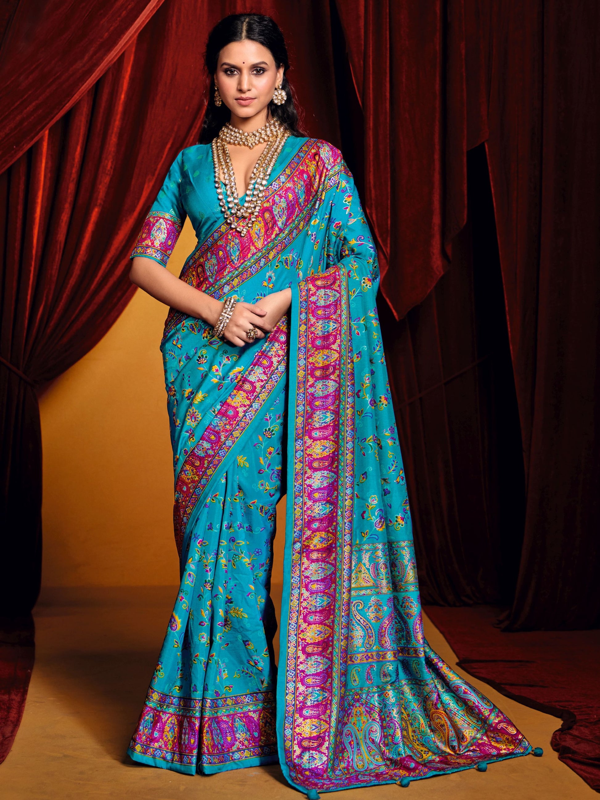 Wonderful Sky Blue Paisley Printed Tussar Silk Festive Wear Saree