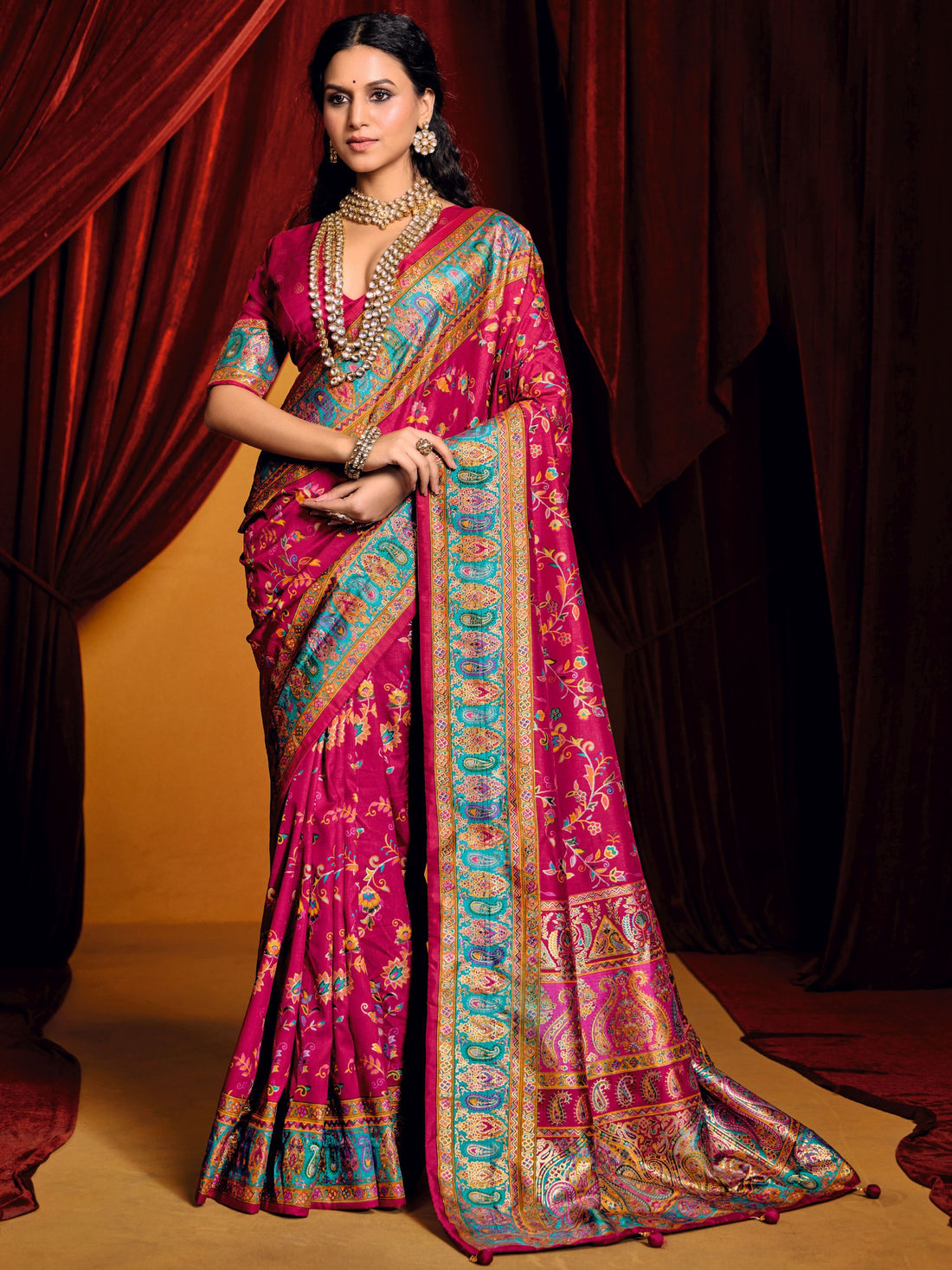 Marvelous Rani Pink Digital Printed Tussar Silk Saree With Blouse