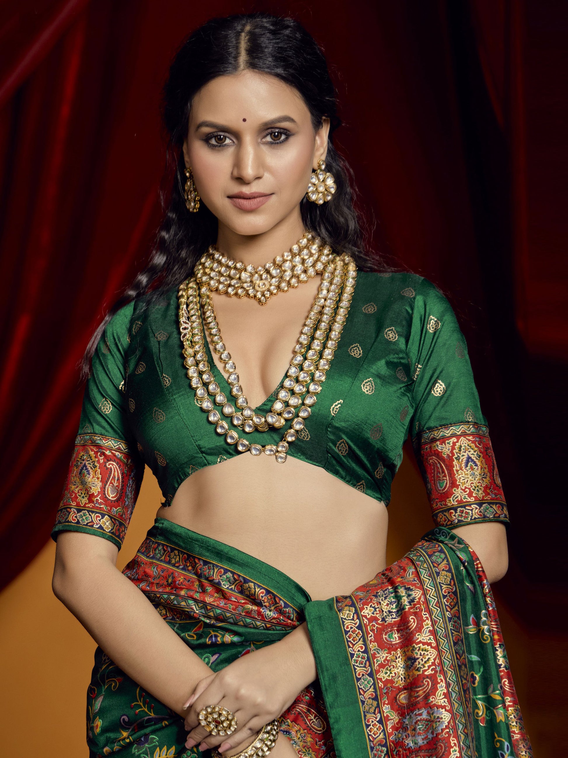 Alluring Bottle Green Paisley Printed Tussar Silk Mehendi Wear Saree