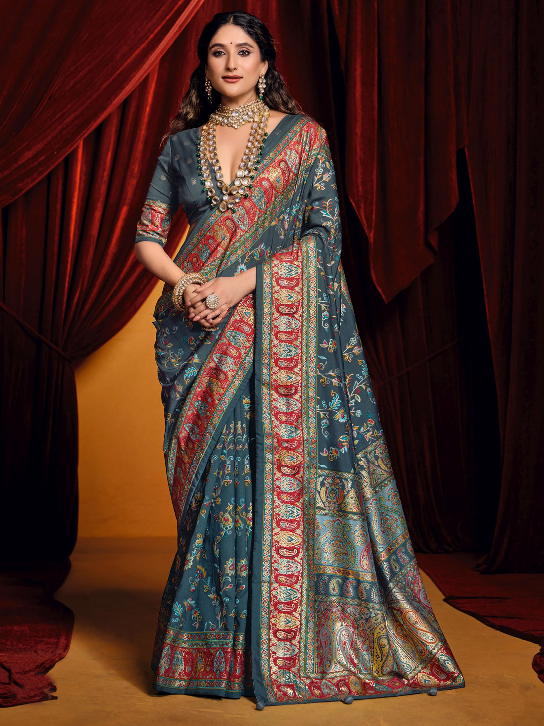 Astonishing Grey Digital Printed Tussar Silk Designer Saree With Blouse