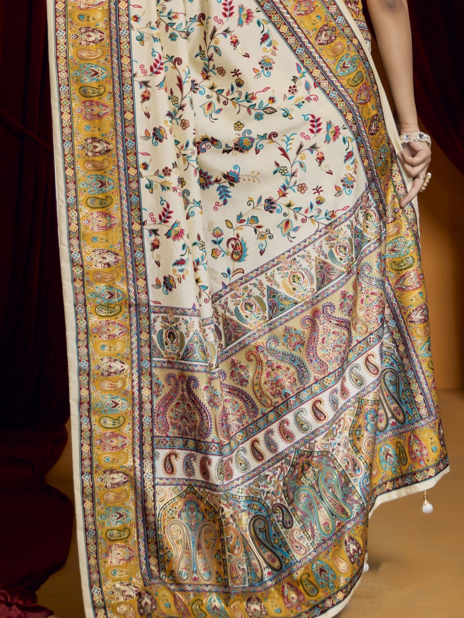 Charming Off-White Paisley Printed Tussar Silk Casual Wear Saree With Blouse