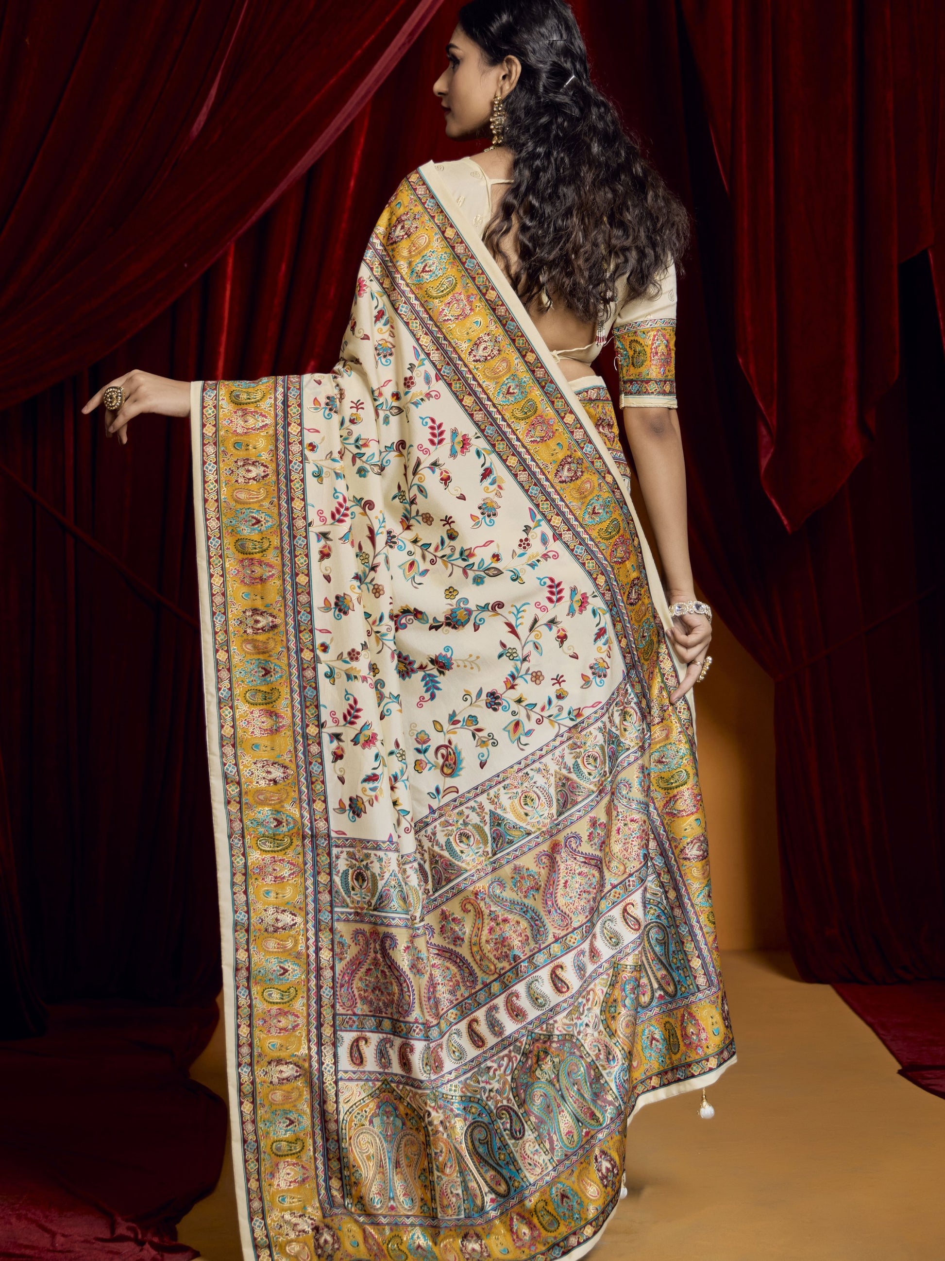 Charming Off-White Paisley Printed Tussar Silk Casual Wear Saree With Blouse