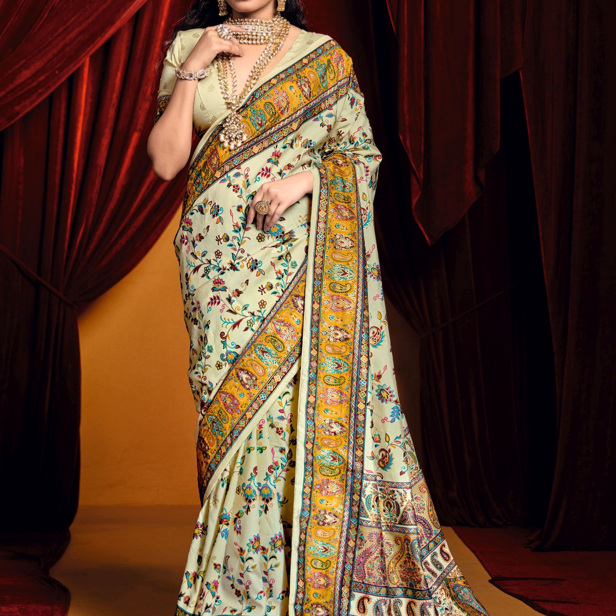 Charming Off-White Paisley Printed Tussar Silk Casual Wear Saree With Blouse