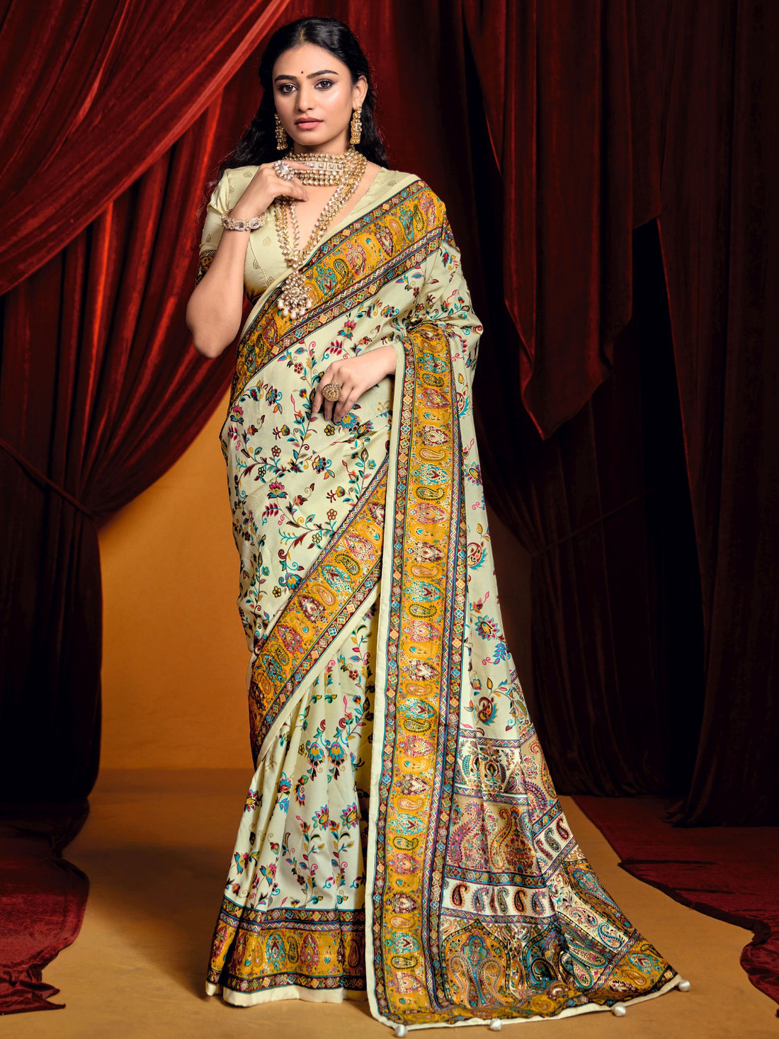 Charming Off-White Paisley Printed Tussar Silk Casual Wear Saree With Blouse