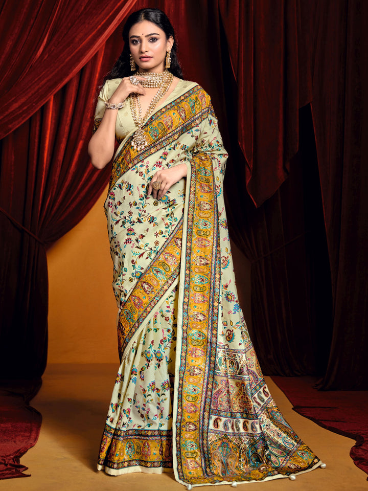 Charming Off-White Paisley Printed Tussar Silk Casual Wear Saree With Blouse
