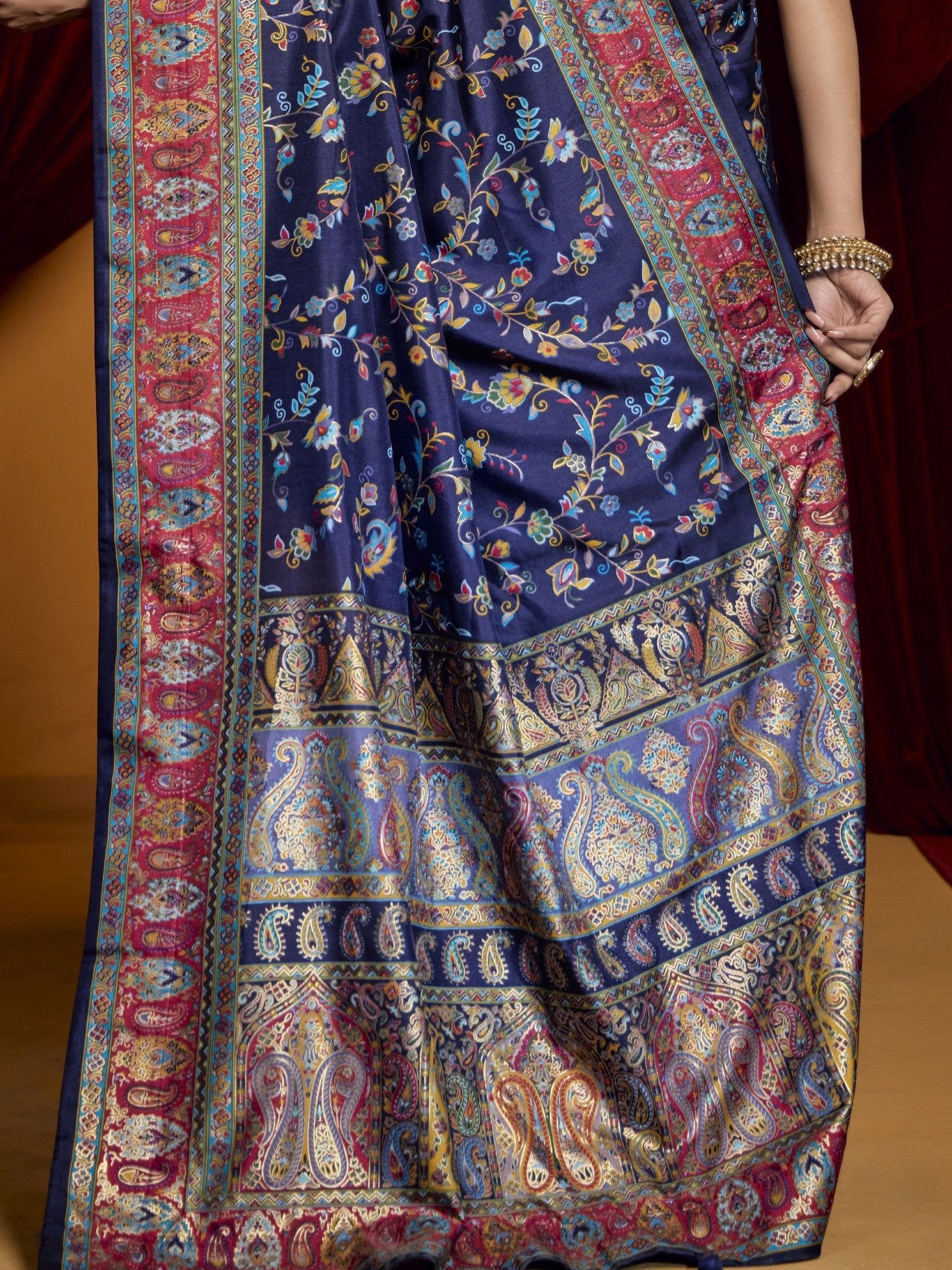 Tantalizing Navy Blue Paisley Printed Tussar Silk Party Wear Saree