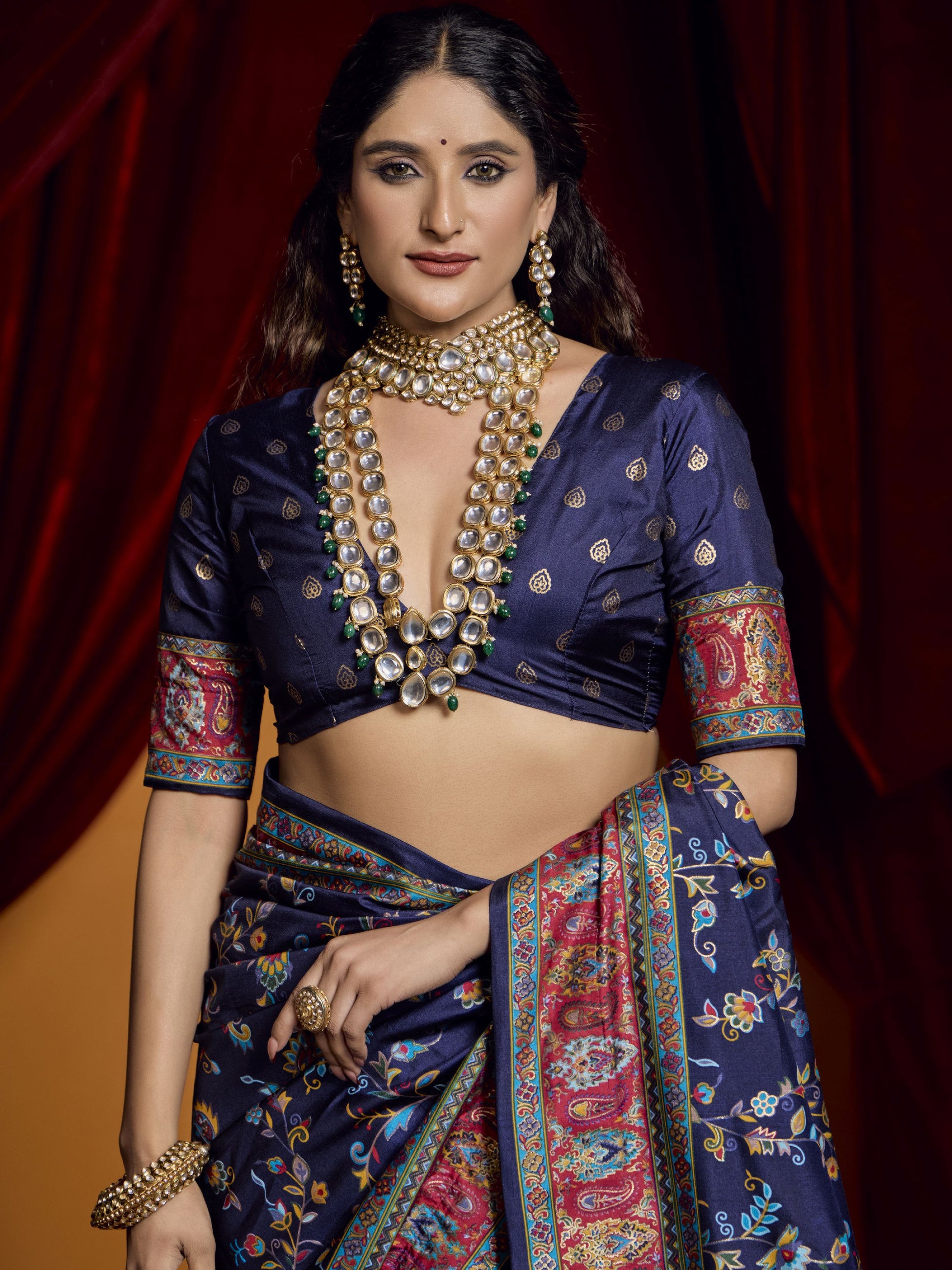 Tantalizing Navy Blue Paisley Printed Tussar Silk Party Wear Saree