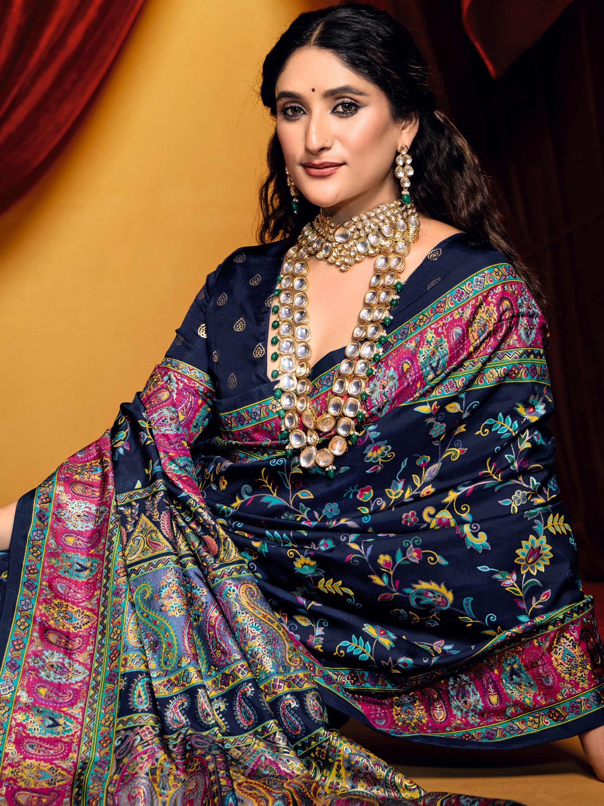 Tantalizing Navy Blue Paisley Printed Tussar Silk Party Wear Saree