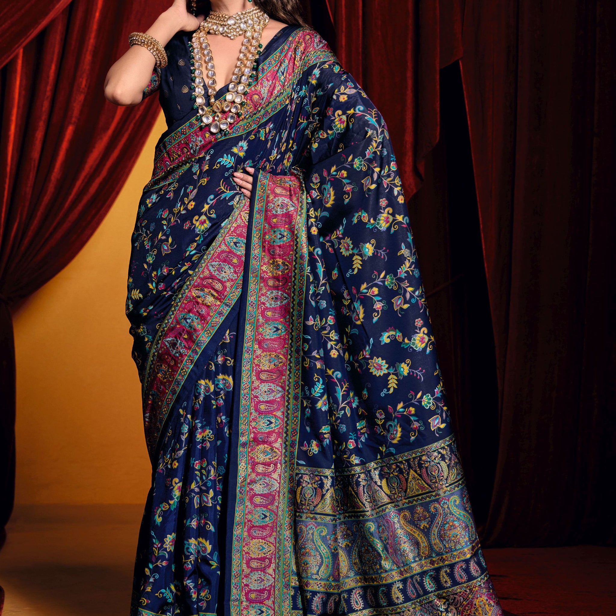 Tantalizing Navy Blue Paisley Printed Tussar Silk Party Wear Saree