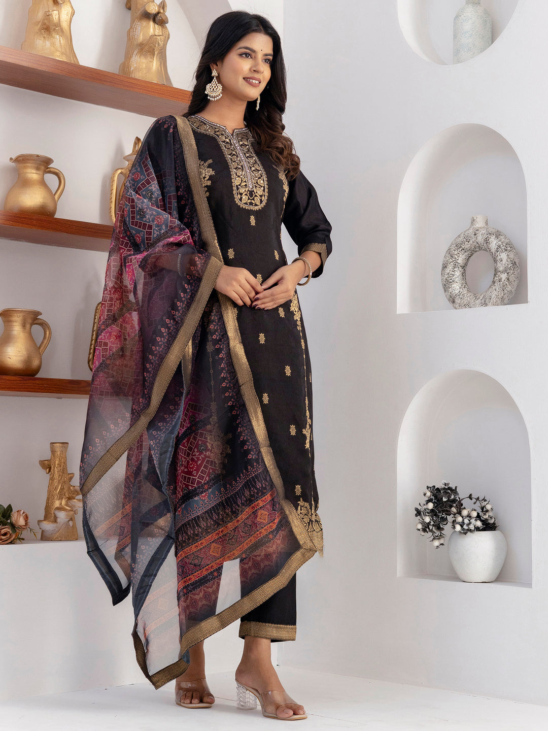Stunning Black Zari Weaving Viscose Silk Party Wear Pant Suit With Dupatta