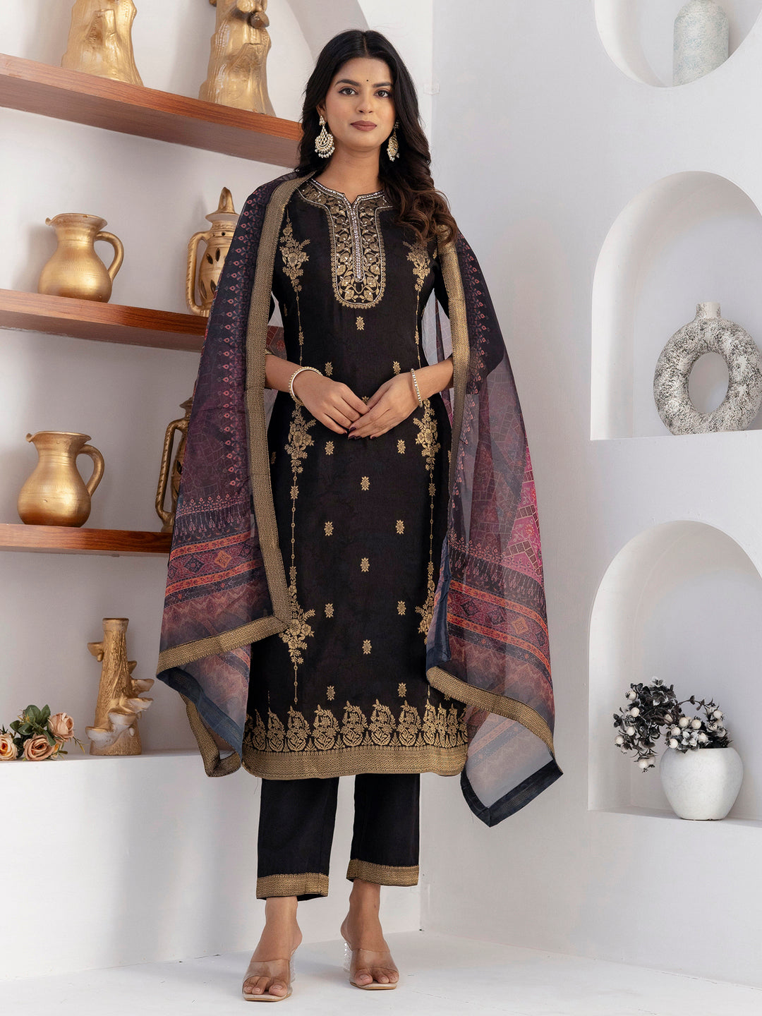 Stunning Black Zari Weaving Viscose Silk Party Wear Pant Suit With Dupatta