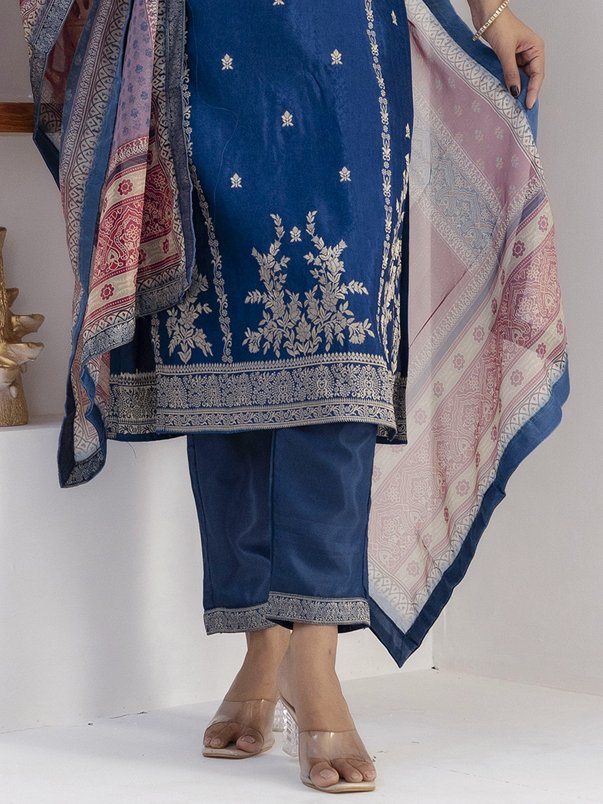 Beautiful Teal Blue Zari Weaving Viscose Silk Pant Suit With Printed Dupatta