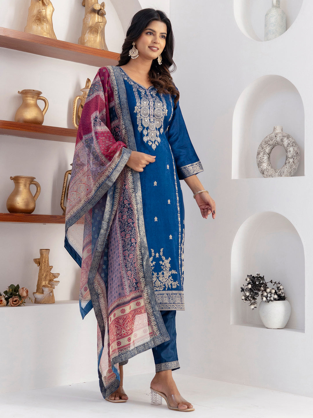 Beautiful Teal Blue Zari Weaving Viscose Silk Pant Suit With Printed Dupatta