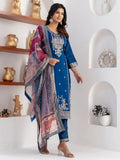 Beautiful Teal Blue Zari Weaving Viscose Silk Pant Suit With Printed Dupatta