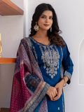 Beautiful Teal Blue Zari Weaving Viscose Silk Pant Suit With Printed Dupatta