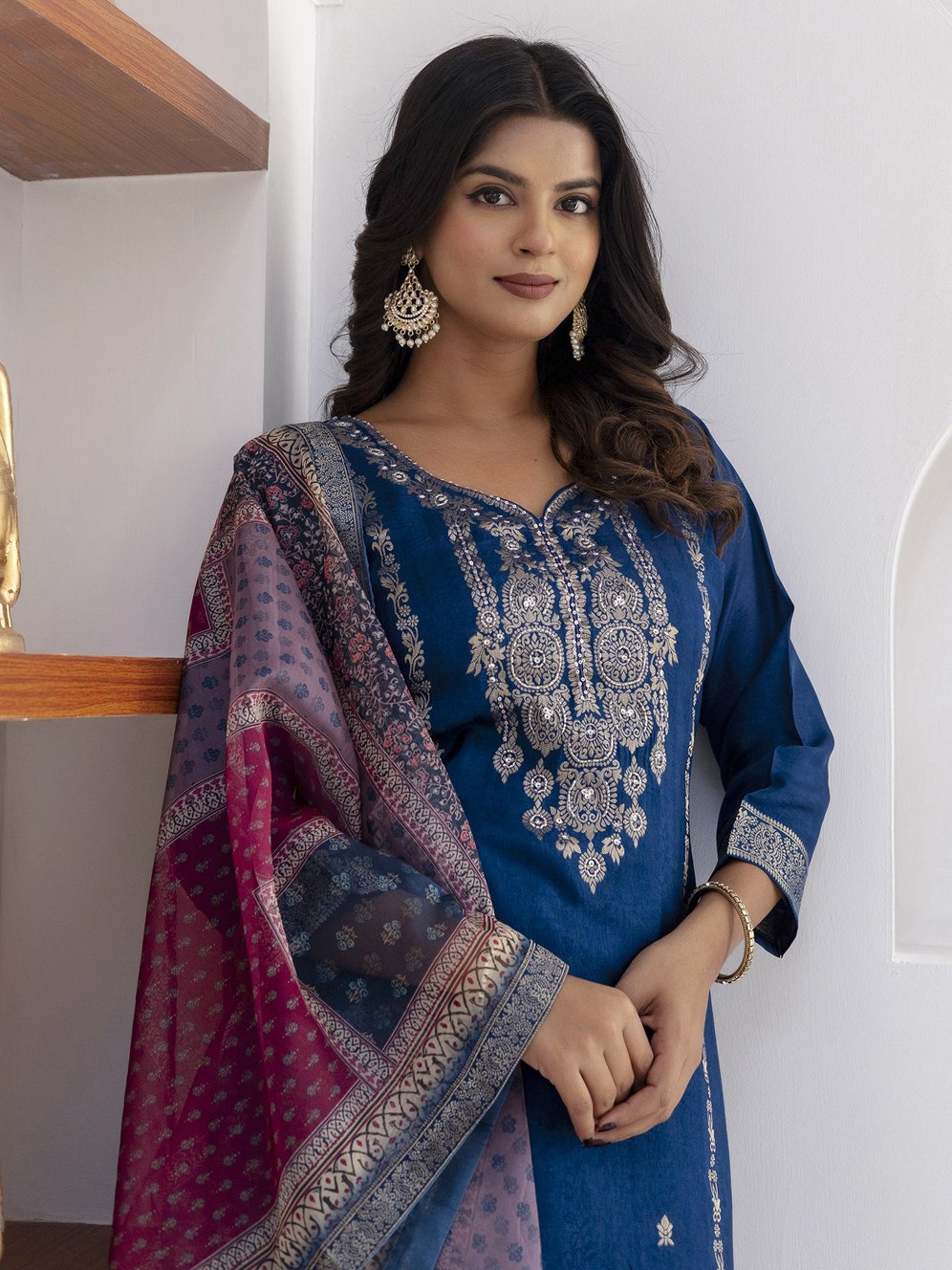 Beautiful Teal Blue Zari Weaving Viscose Silk Pant Suit With Printed Dupatta