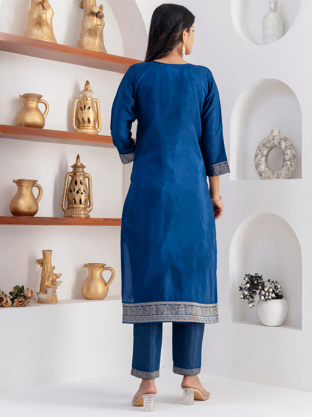 Beautiful Teal Blue Zari Weaving Viscose Silk Pant Suit With Printed Dupatta