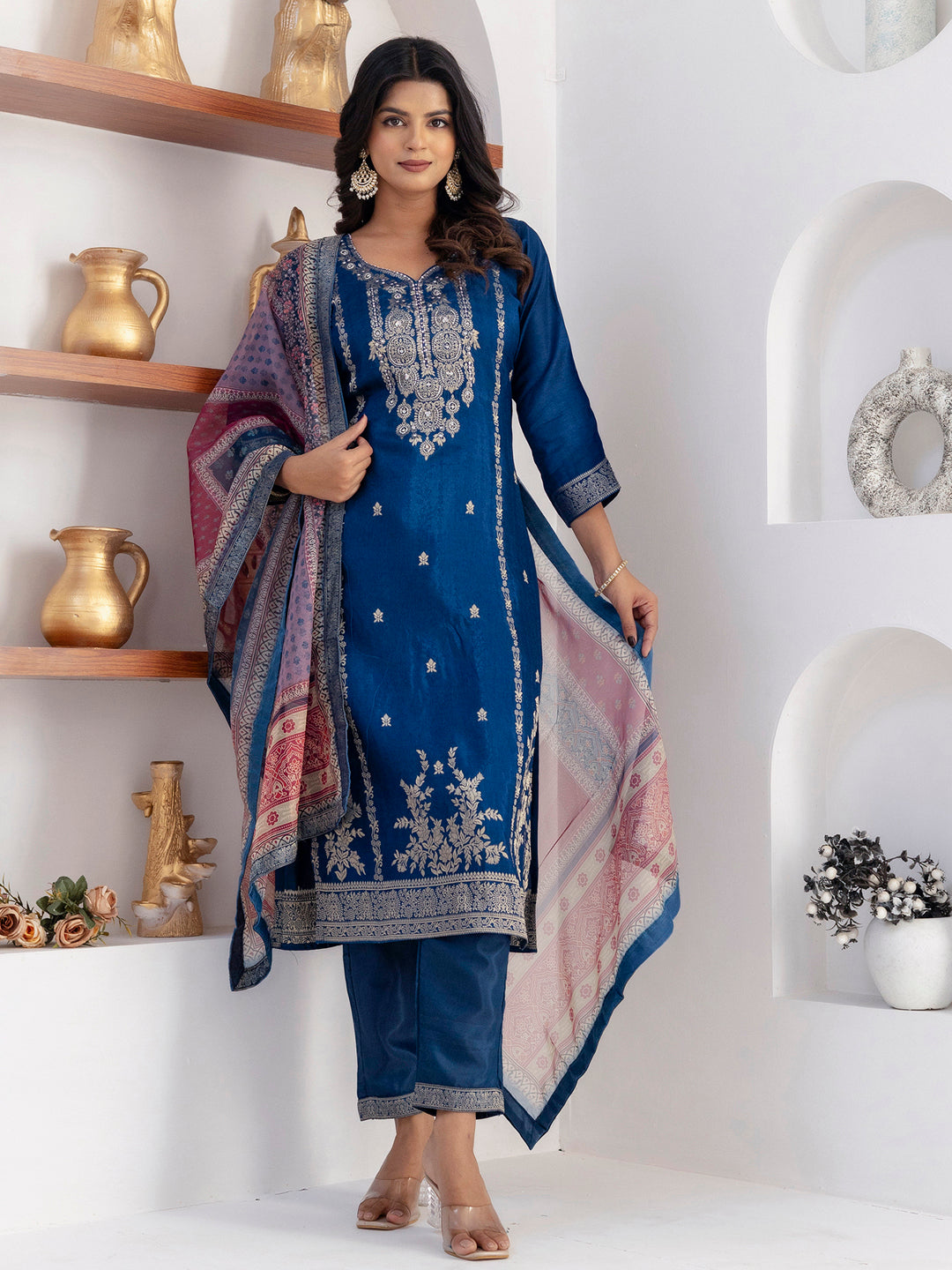 Beautiful Teal Blue Zari Weaving Viscose Silk Pant Suit With Printed Dupatta