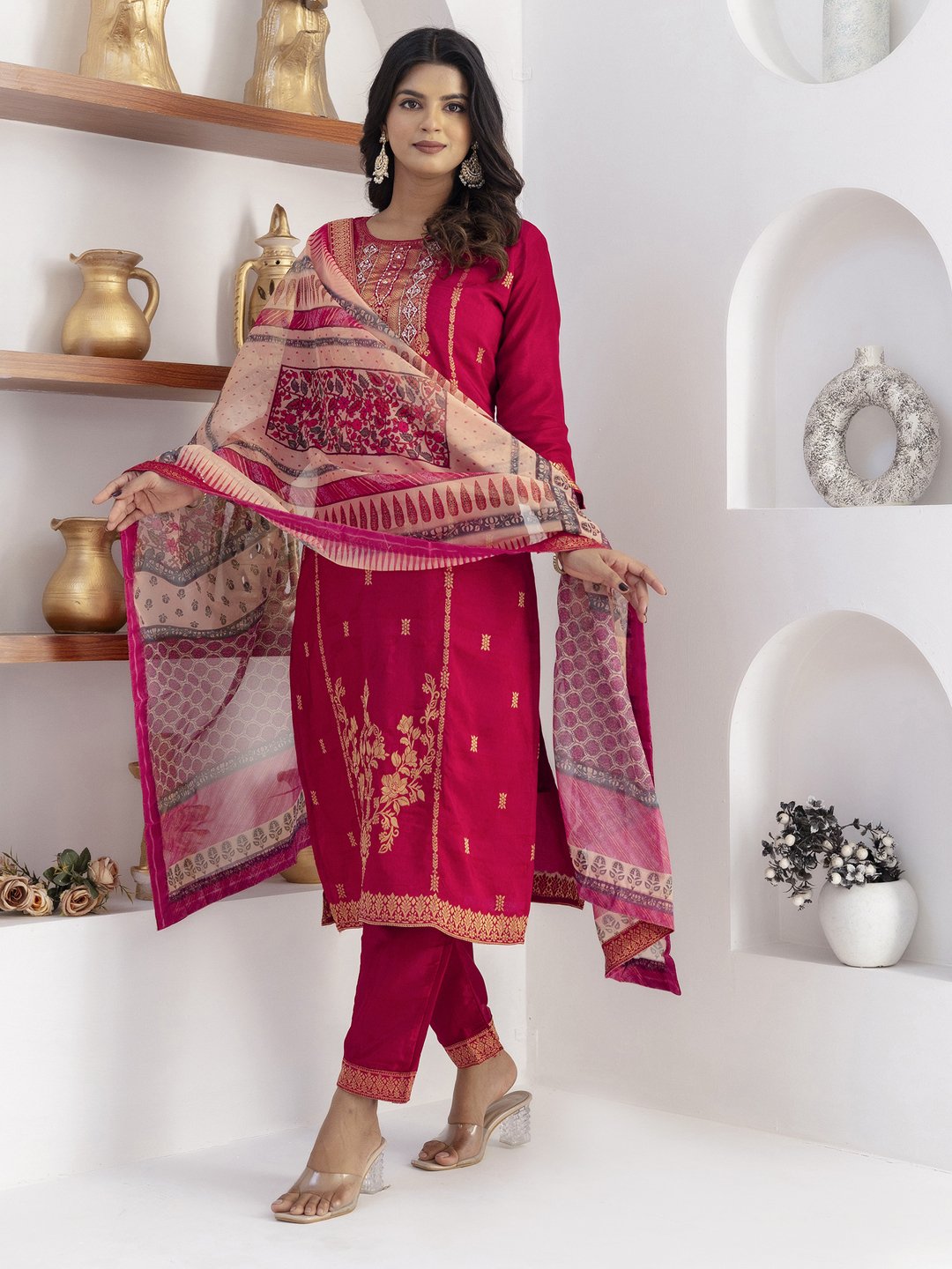 Amazing Cherry Pink Zari Weaving Viscose Silk Casual Wear Pant Suit