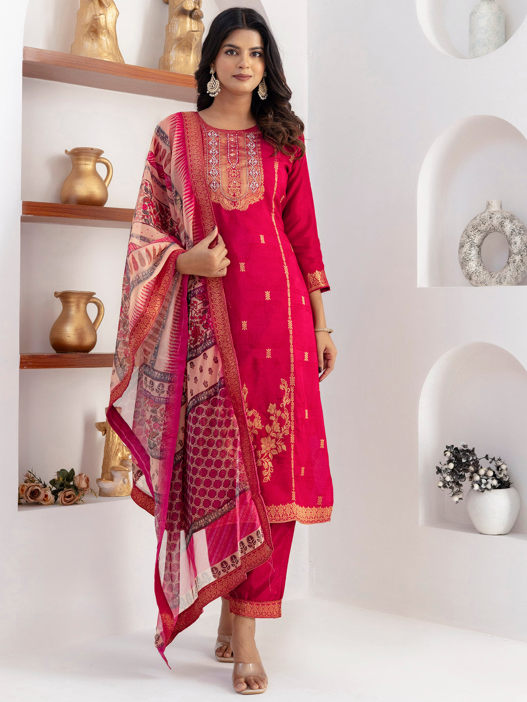 Amazing Cherry Pink Zari Weaving Viscose Silk Casual Wear Pant Suit