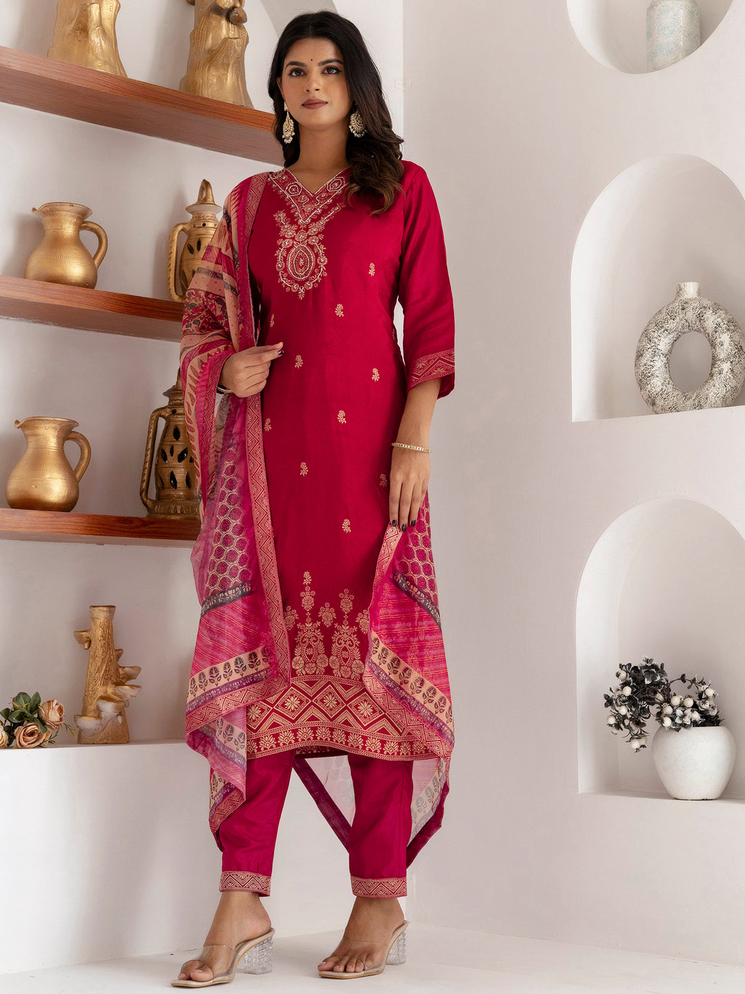 Glamorous Pink Zari Weaving Viscose Silk Festive Wear Pant Suit