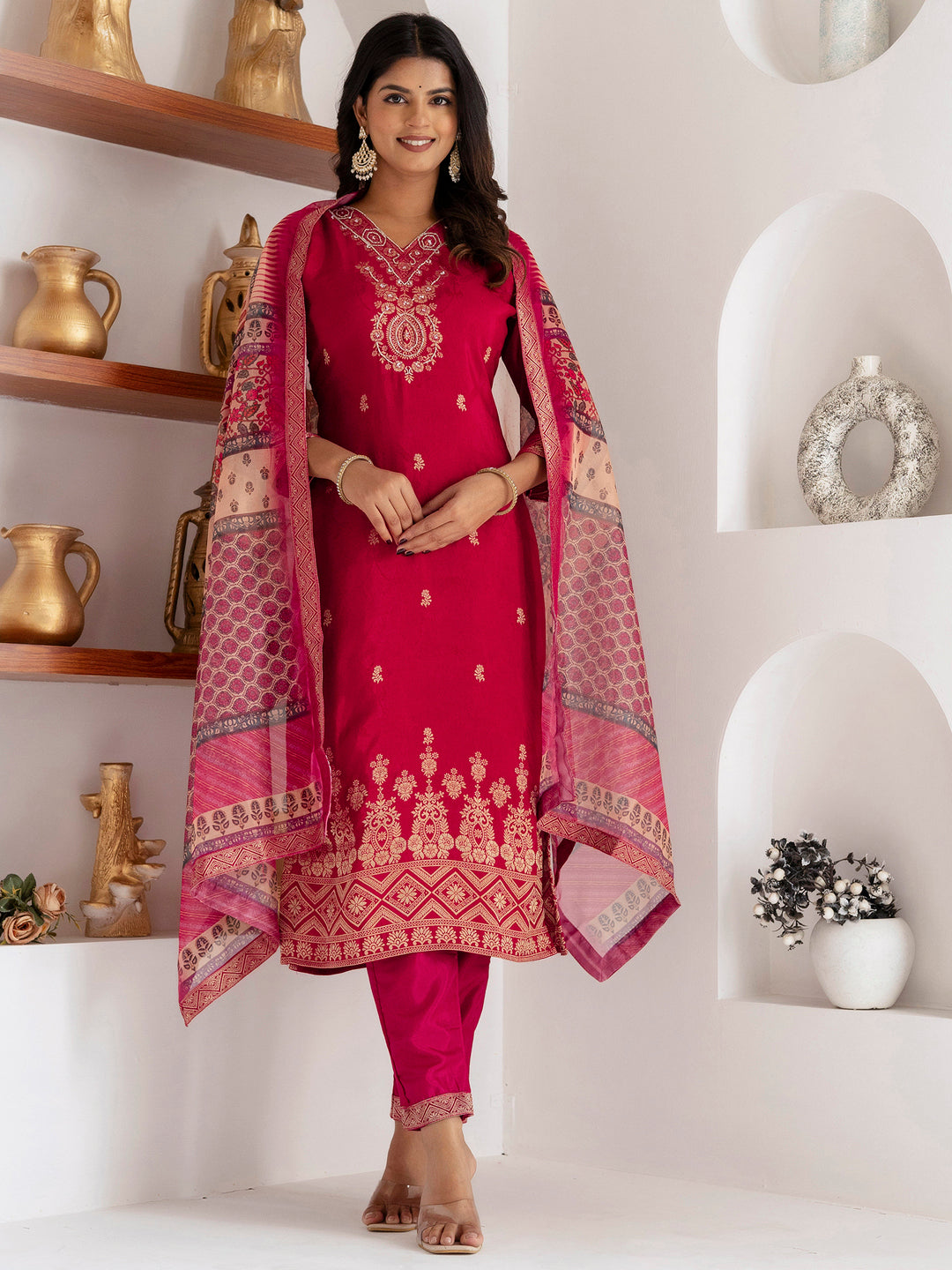 Glamorous Pink Zari Weaving Viscose Silk Festive Wear Pant Suit