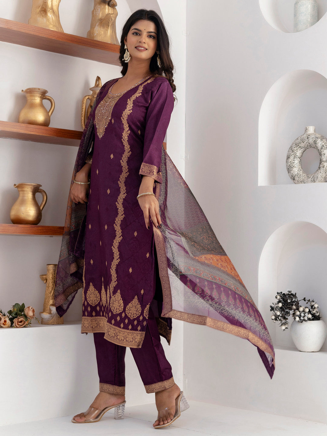 Captivating Purple Zari Weaving Viscose Silk Traditional Pant Suit With Dupatta