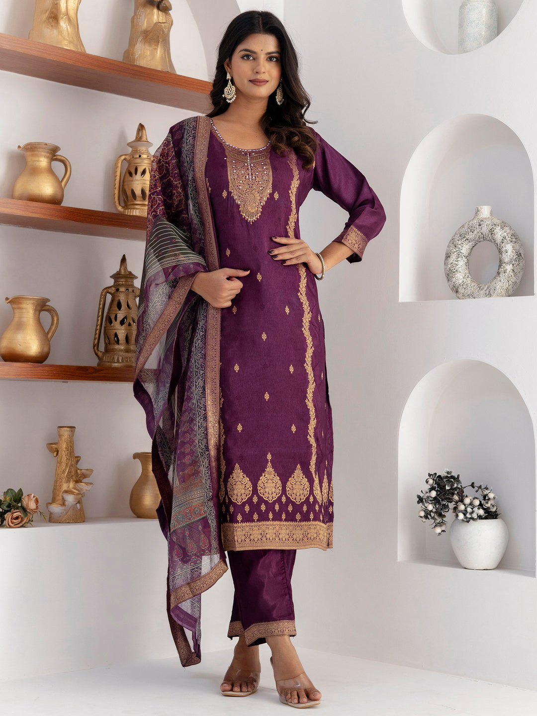 Captivating Purple Zari Weaving Viscose Silk Traditional Pant Suit With Dupatta