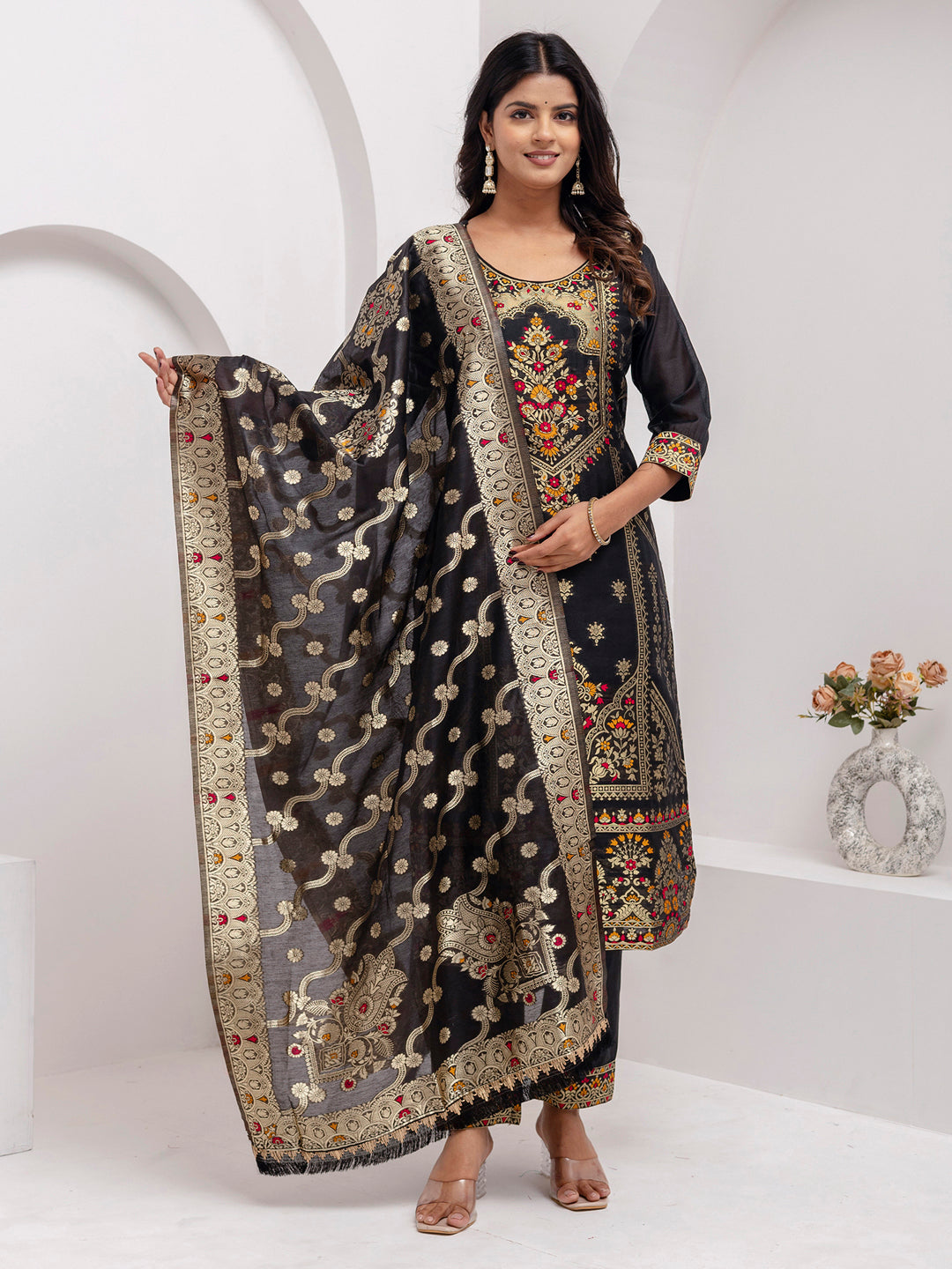Wonderful Black Hand Work Jacquard Silk Festive Wear Pant Suit With Dupatta