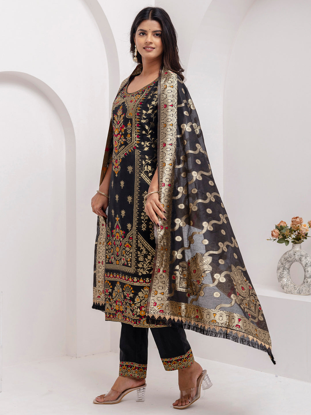 Wonderful Black Hand Work Jacquard Silk Festive Wear Pant Suit With Dupatta