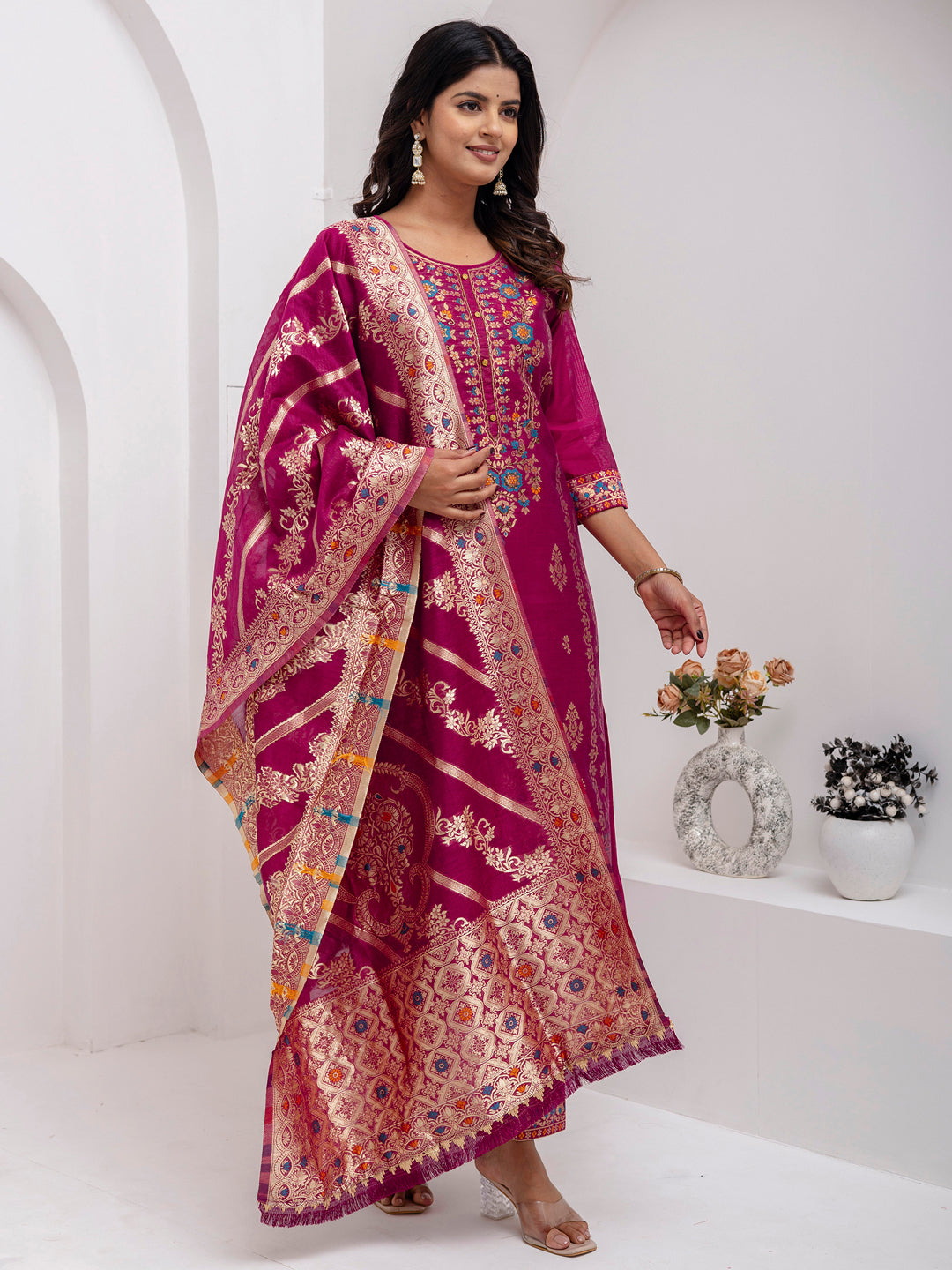Amazing Purple Hand Work Jacquard Silk Traditional Pant Suit With Dupatta