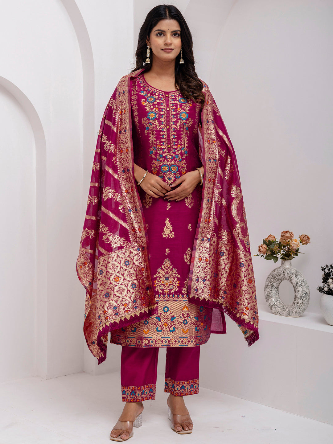 Amazing Purple Hand Work Jacquard Silk Traditional Pant Suit With Dupatta