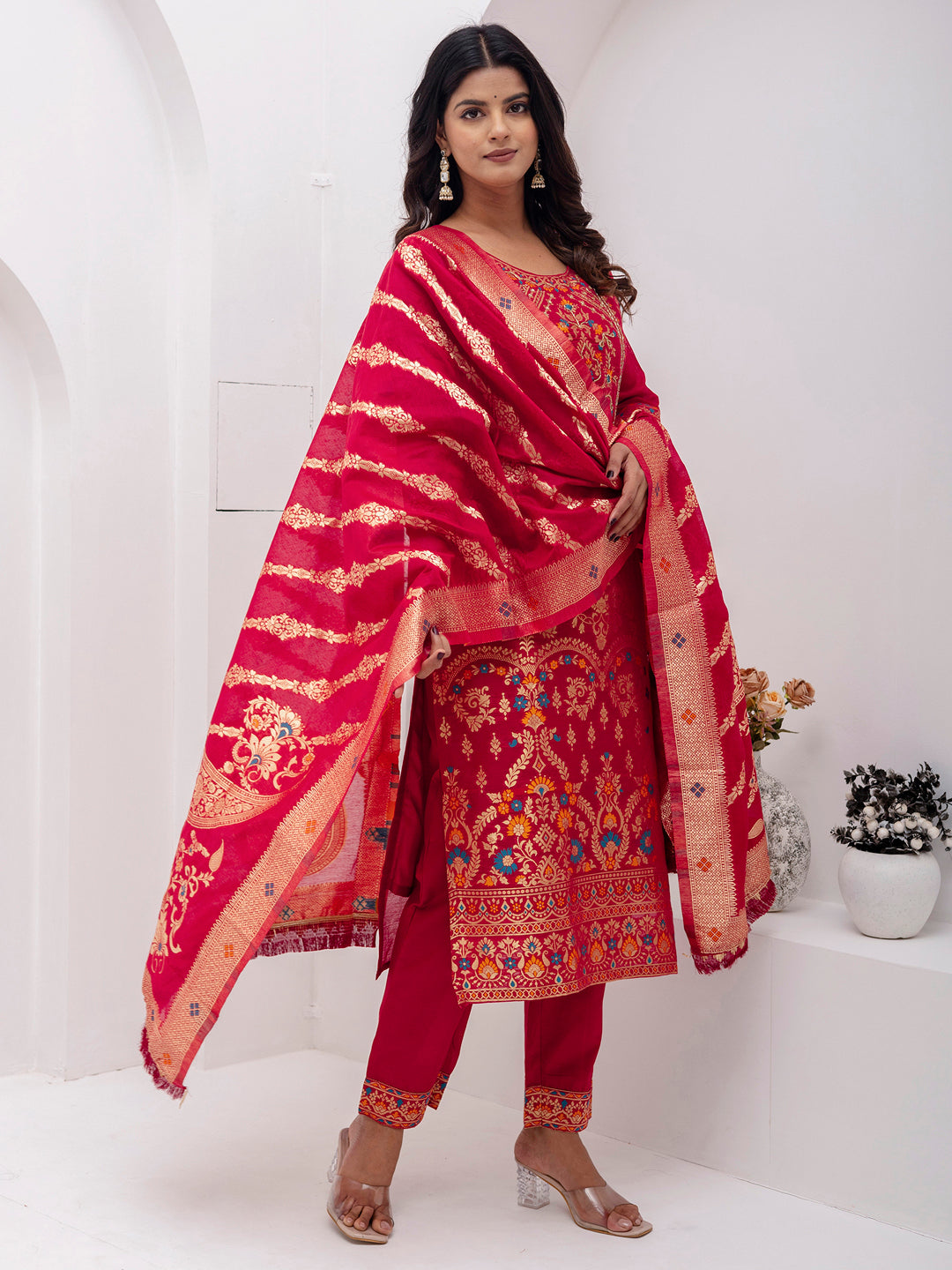 Lovely Red Hand Work Jacquard Silk Wedding Wear Pant Suit With Dupatta