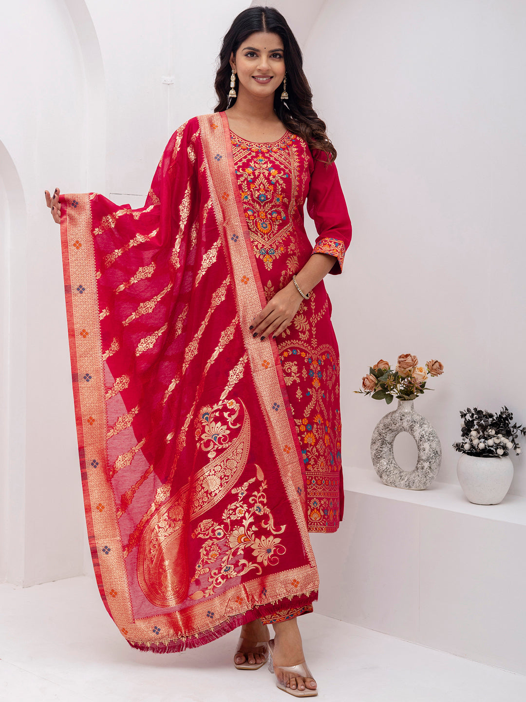 Lovely Red Hand Work Jacquard Silk Wedding Wear Pant Suit With Dupatta