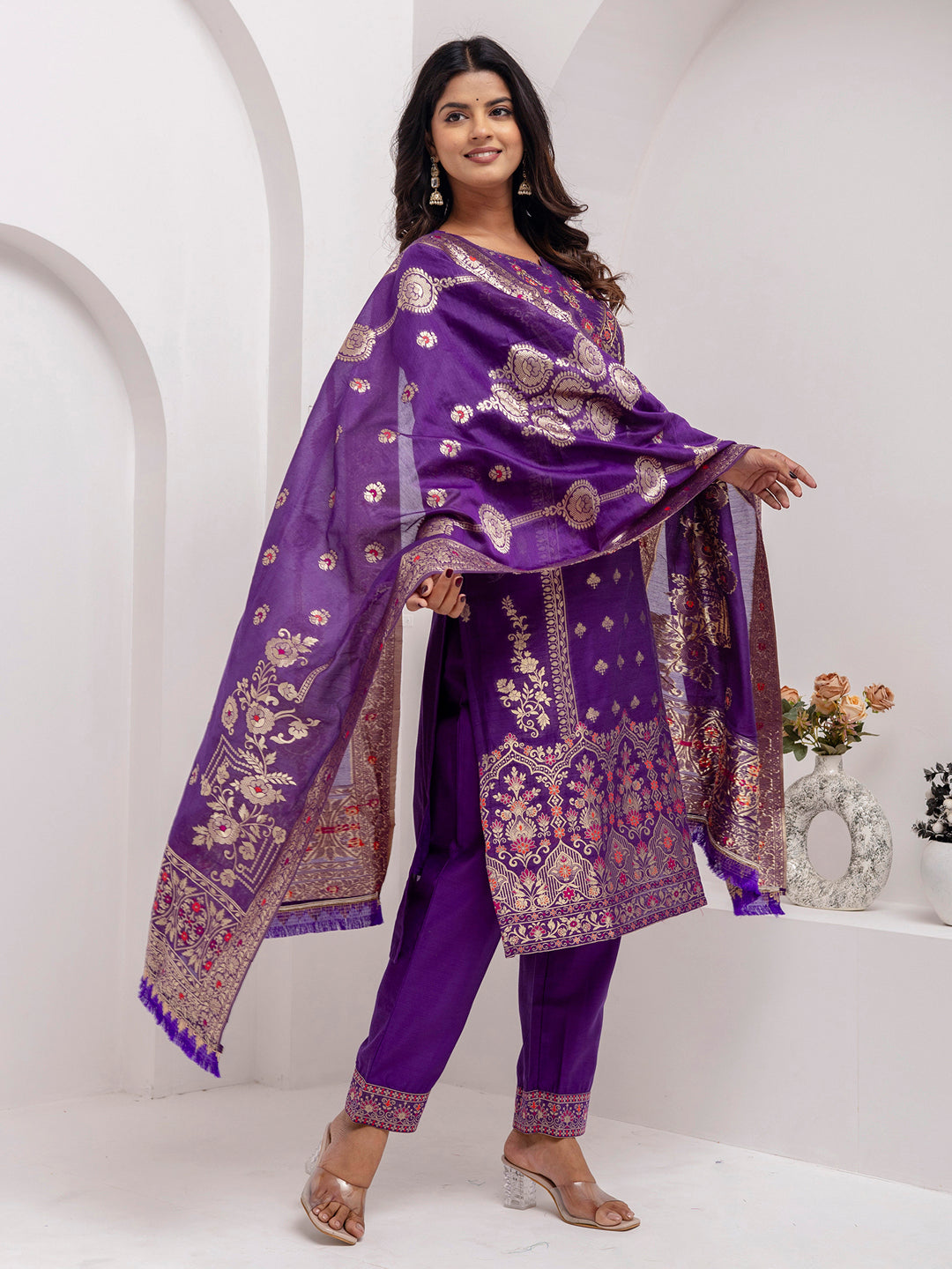 Fabulous Lavender Hand Work Jacquard Silk Pant Suit With Dupatta