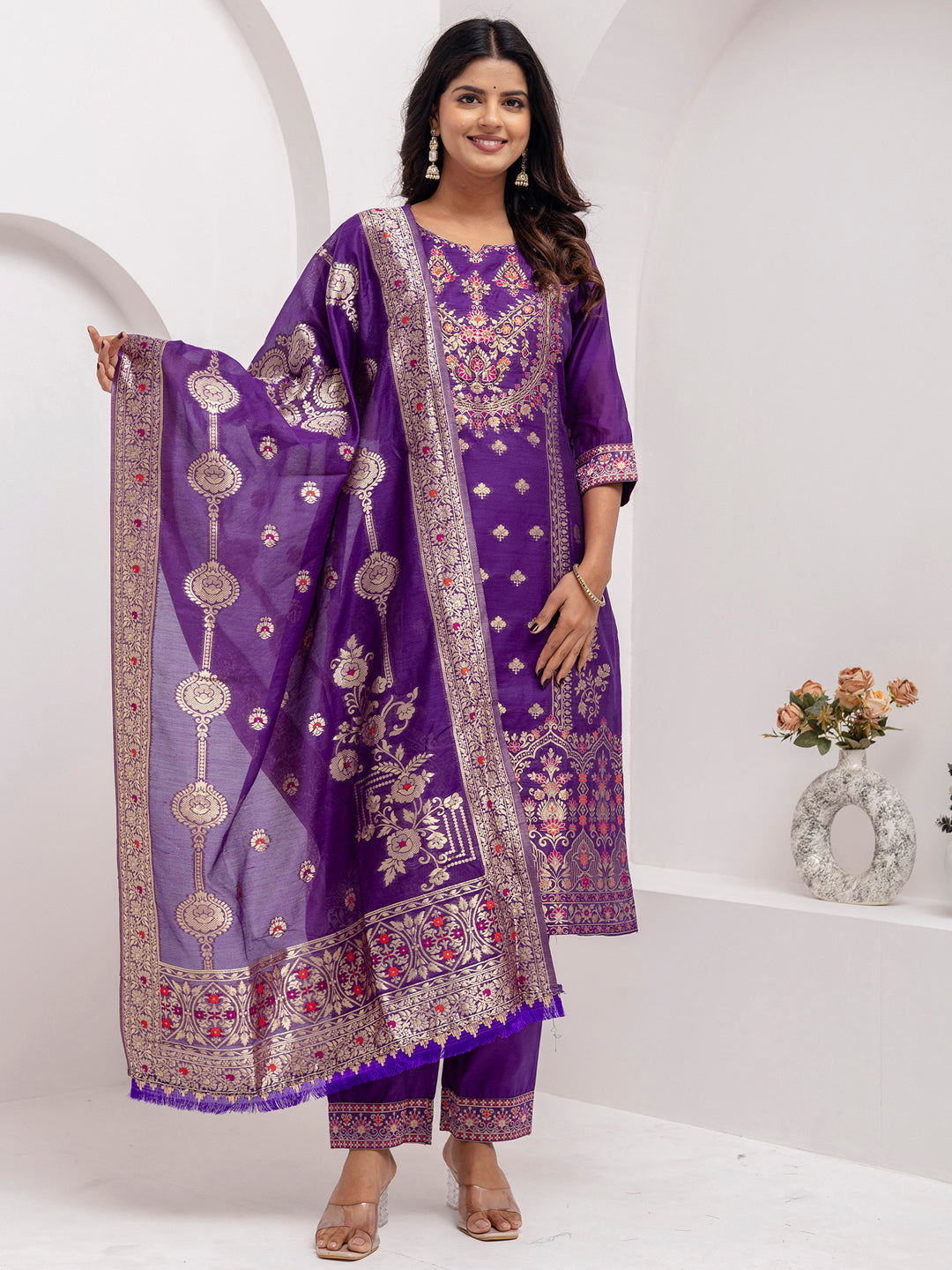 Fabulous Lavender Hand Work Jacquard Silk Pant Suit With Dupatta