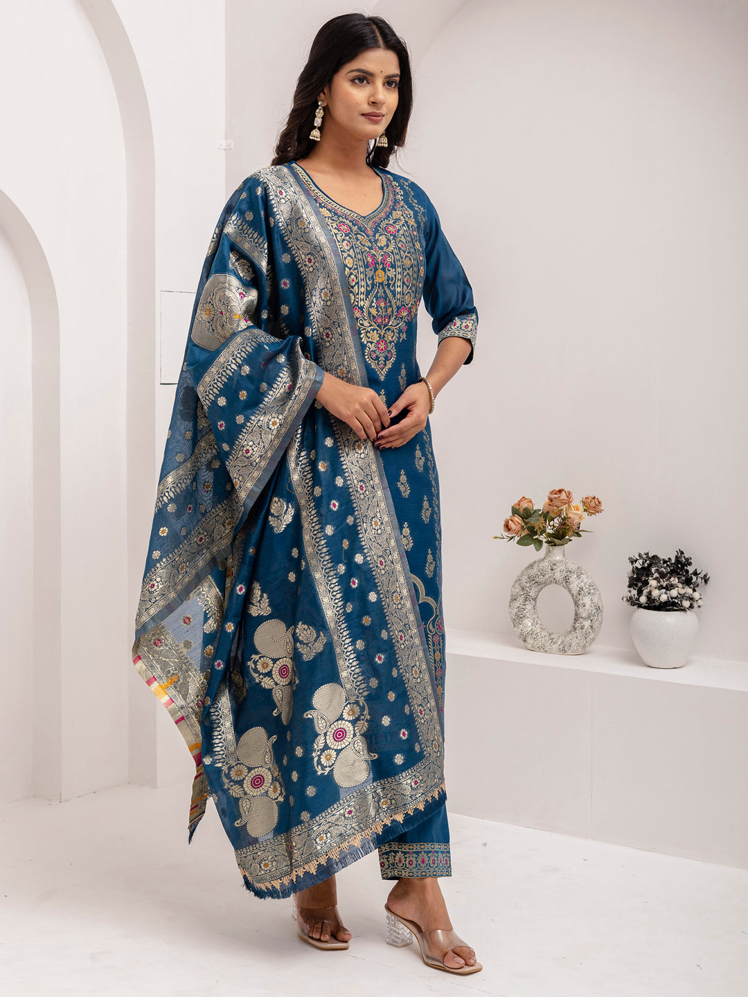 Fantastic Teal Blue Hand Work Jacquard Silk Party Wear Pant Suit With Dupatta