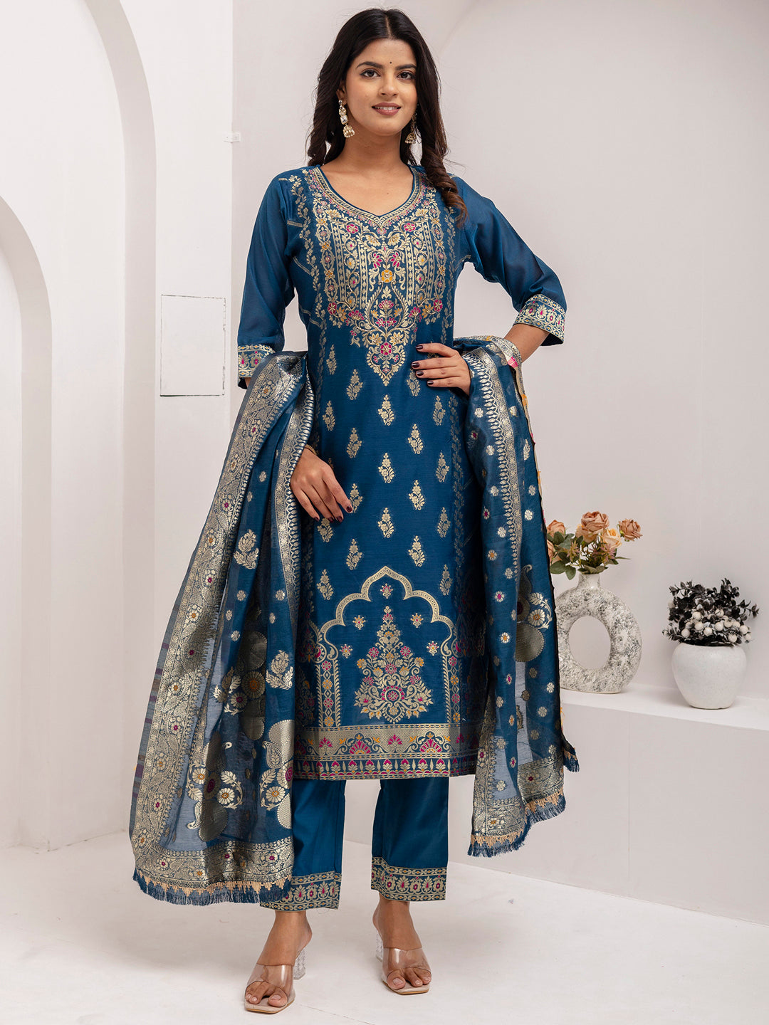 Fantastic Teal Blue Hand Work Jacquard Silk Party Wear Pant Suit With Dupatta
