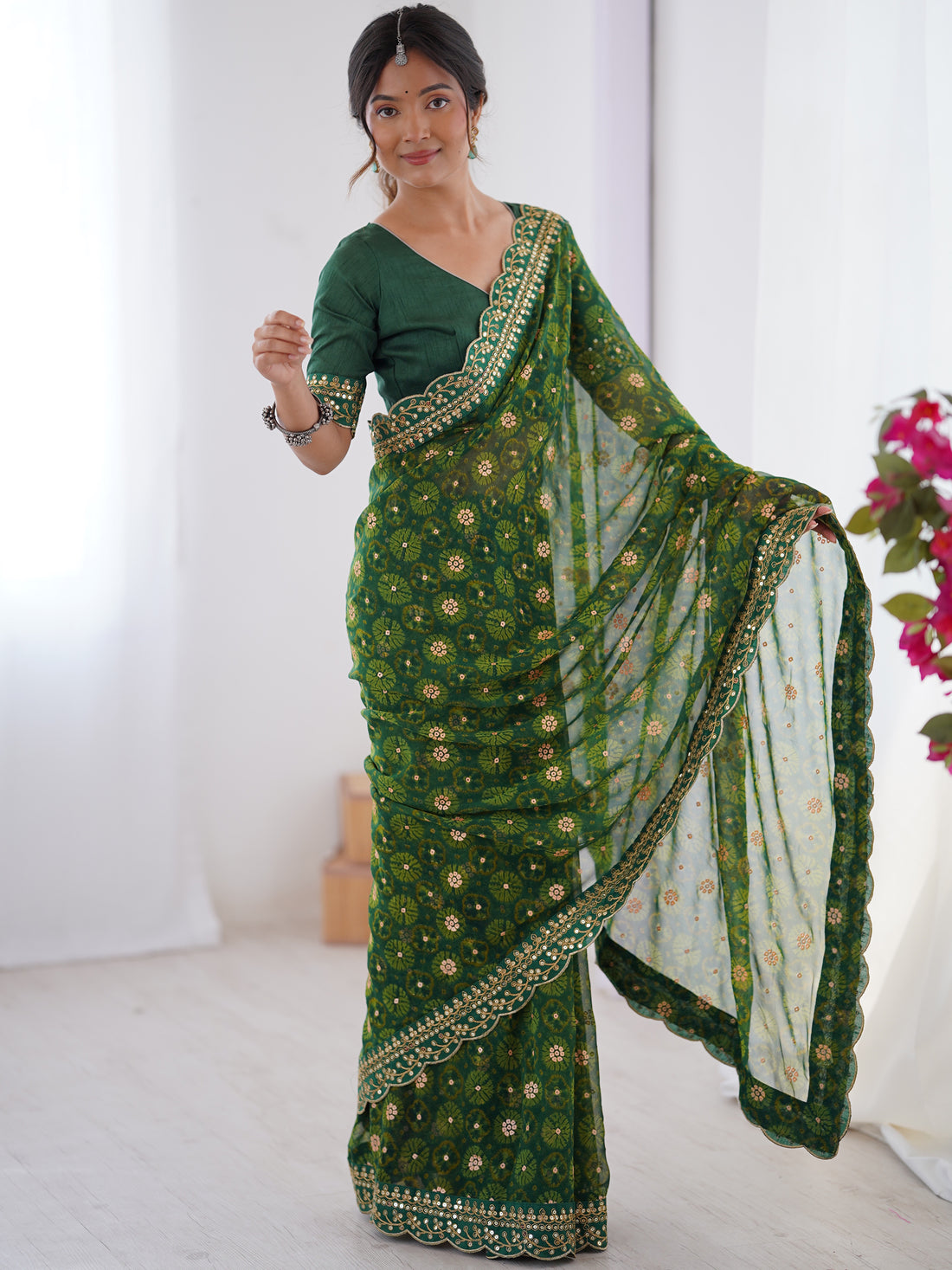 Charming Green Georgette Printed Festive Wear Designer Saree With Blouse