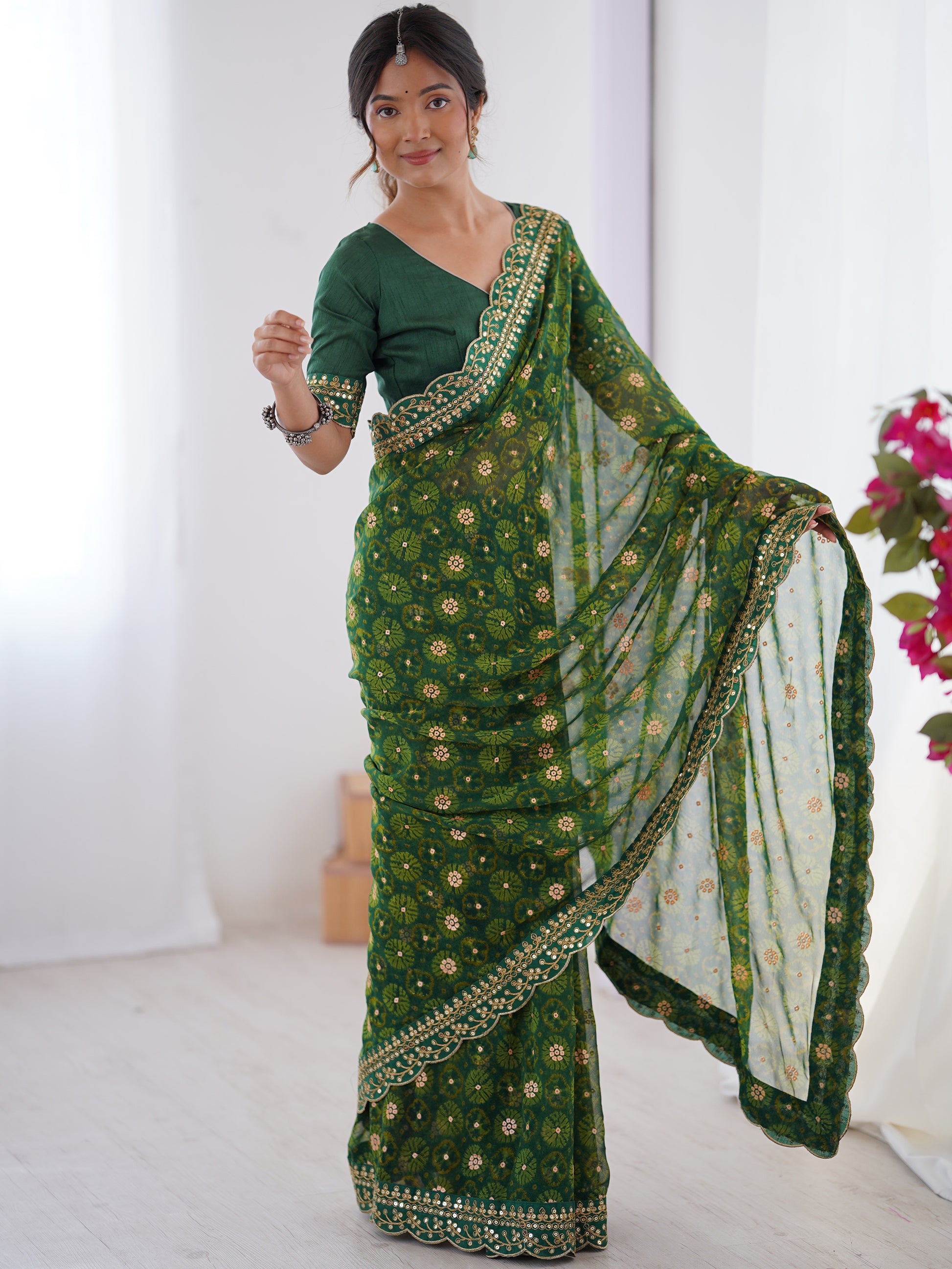Charming Green Georgette Printed Festive Wear Designer Saree With Blouse