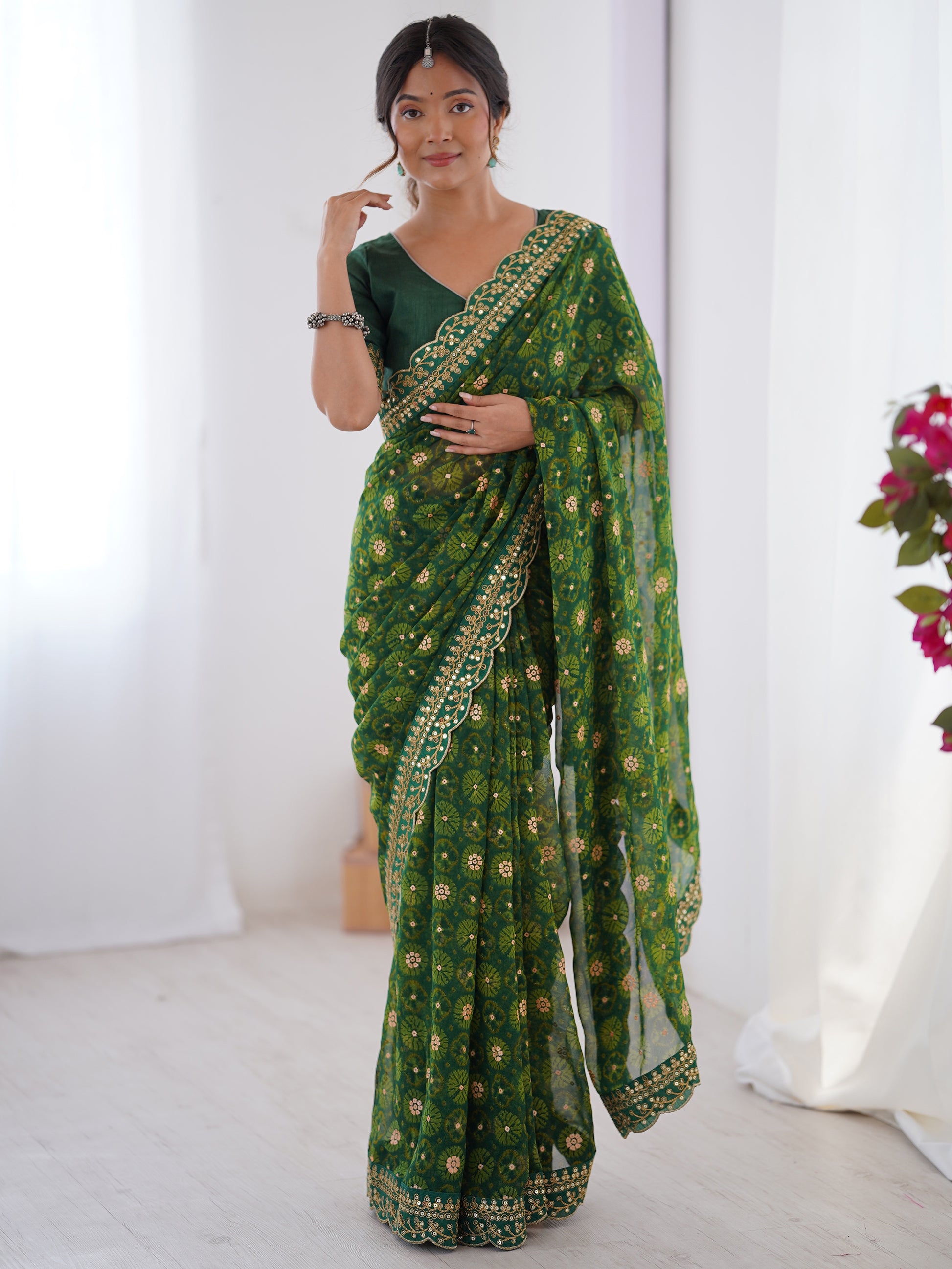 Charming Green Georgette Printed Festive Wear Designer Saree With Blouse