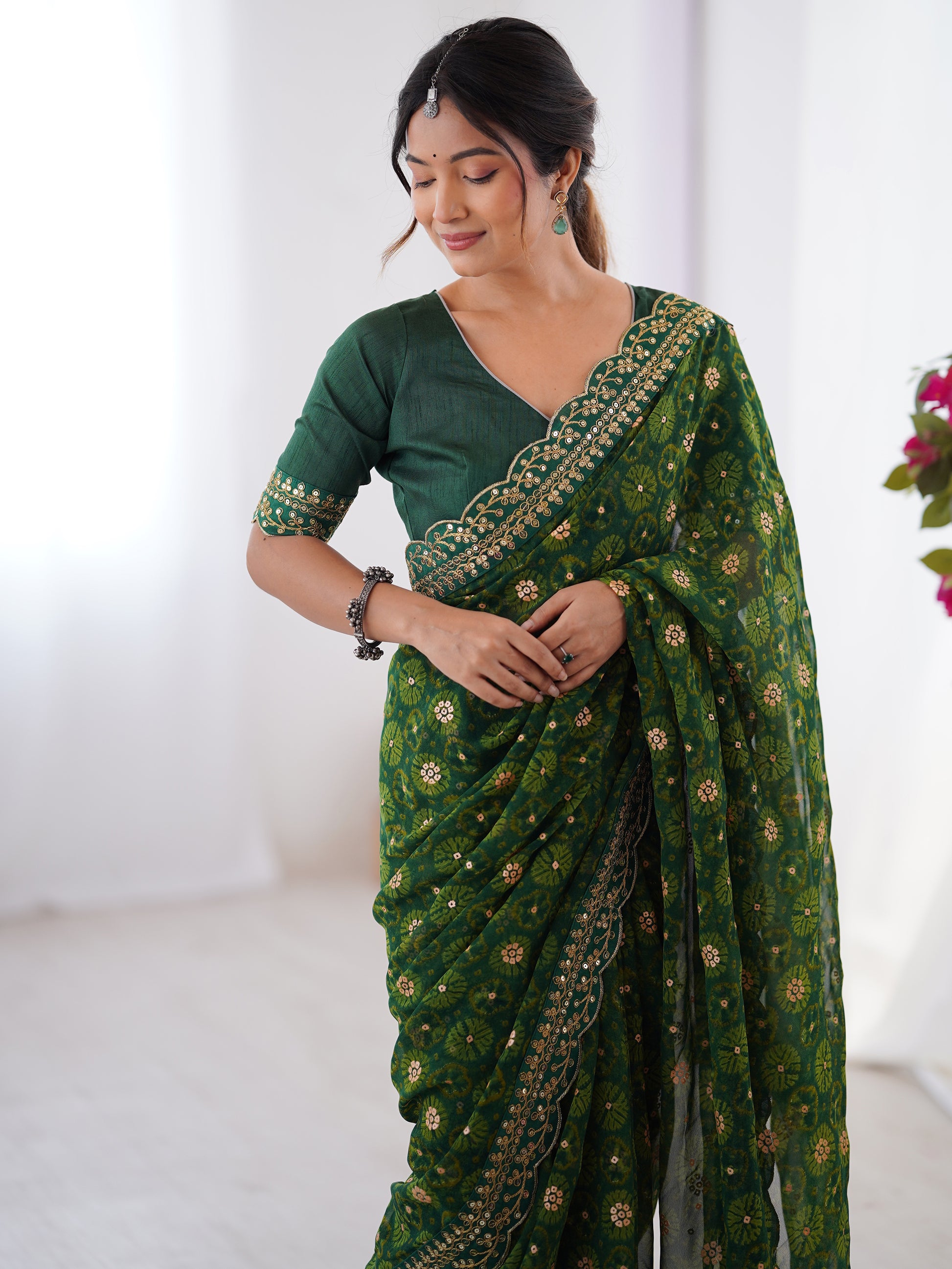 Charming Green Georgette Printed Festive Wear Designer Saree With Blouse