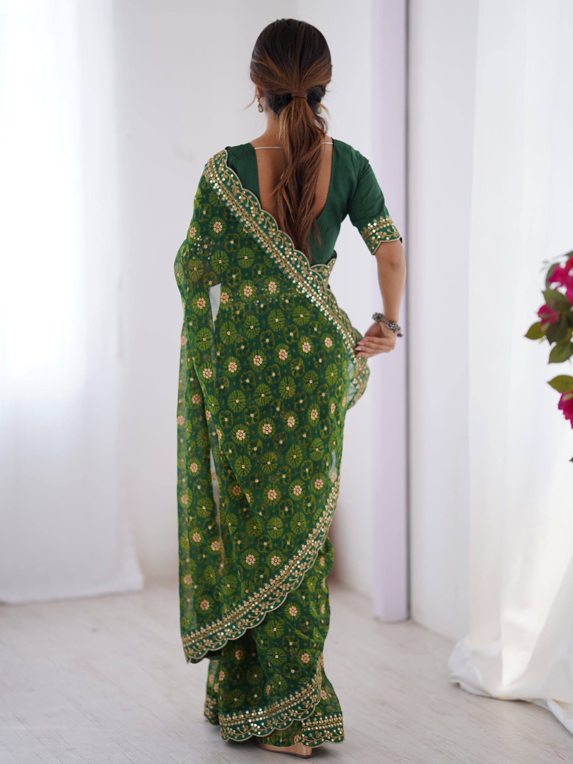 Charming Green Georgette Printed Festive Wear Designer Saree With Blouse
