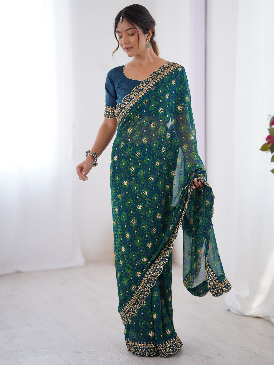 Wonderful Aqua Blue Designer Embroidery Lace Saree With Blouse